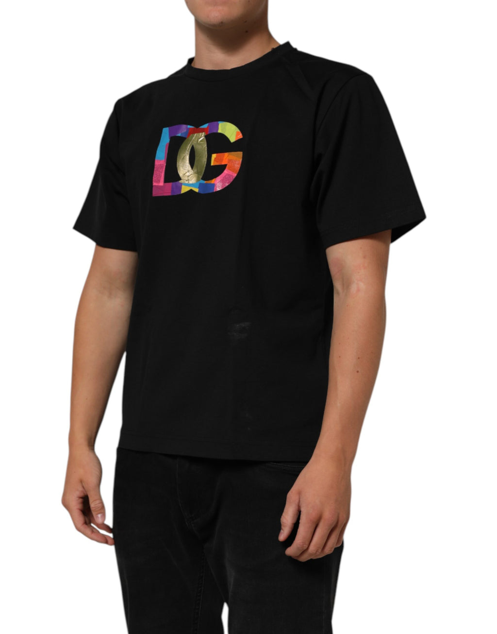 Black Logo Print Cotton Men Crew Neck T-shirt