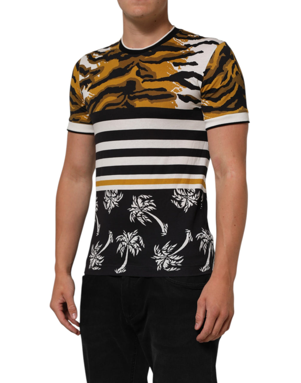 Multicolor Leopard Palm Leaf Men Crew Neck T-shirt