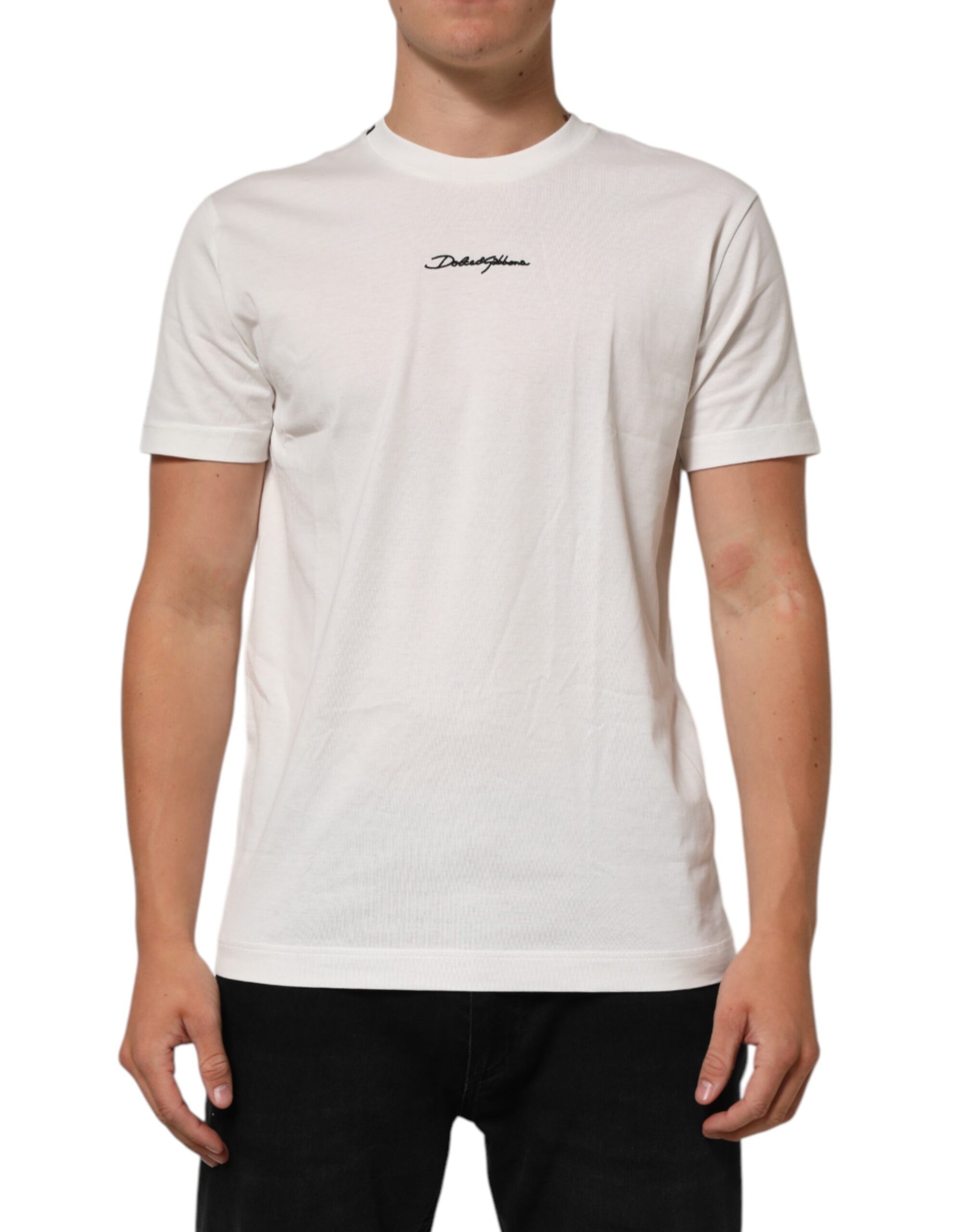White Cotton Logo Print Crew Neck Men T-shirt