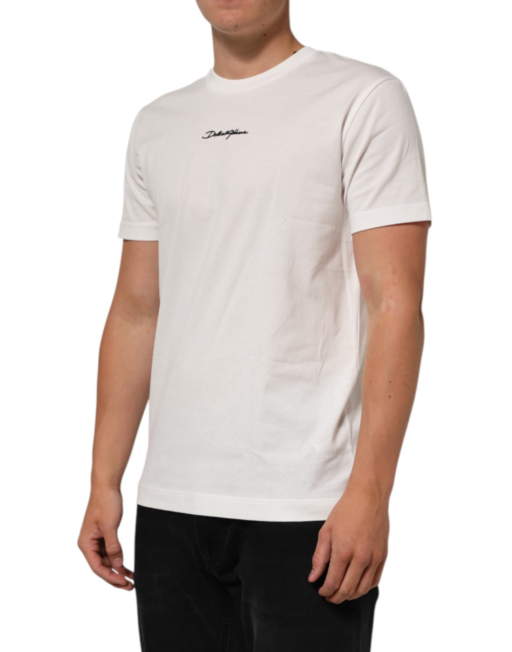 White Cotton Logo Print Crew Neck Men T-shirt