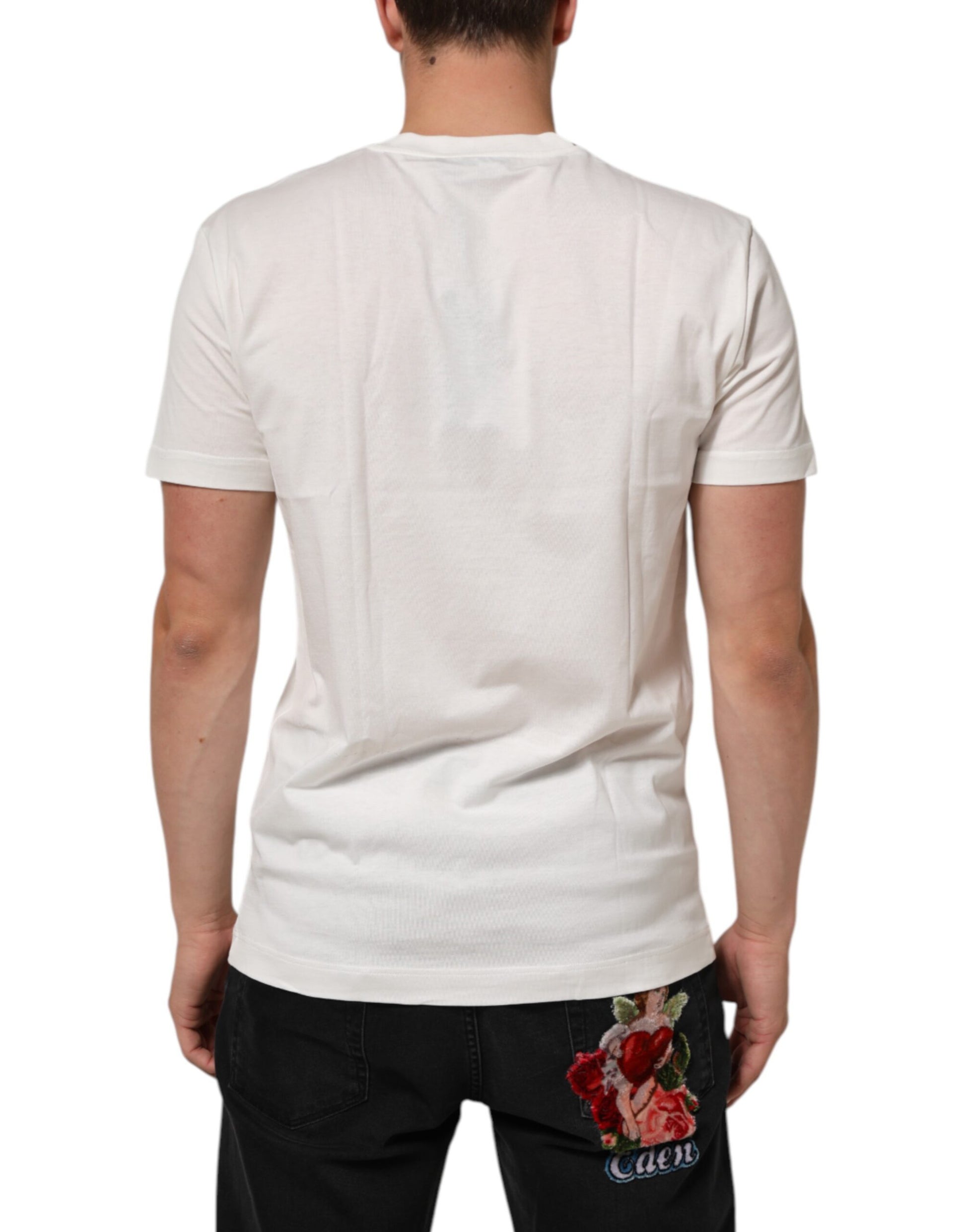 White Cotton Logo Print Crew Neck Men T-shirt