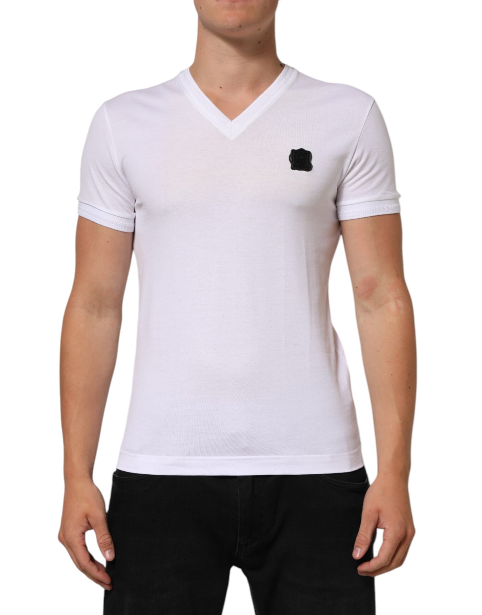 White Cotton Logo Patch V-neck Tee T-shirt