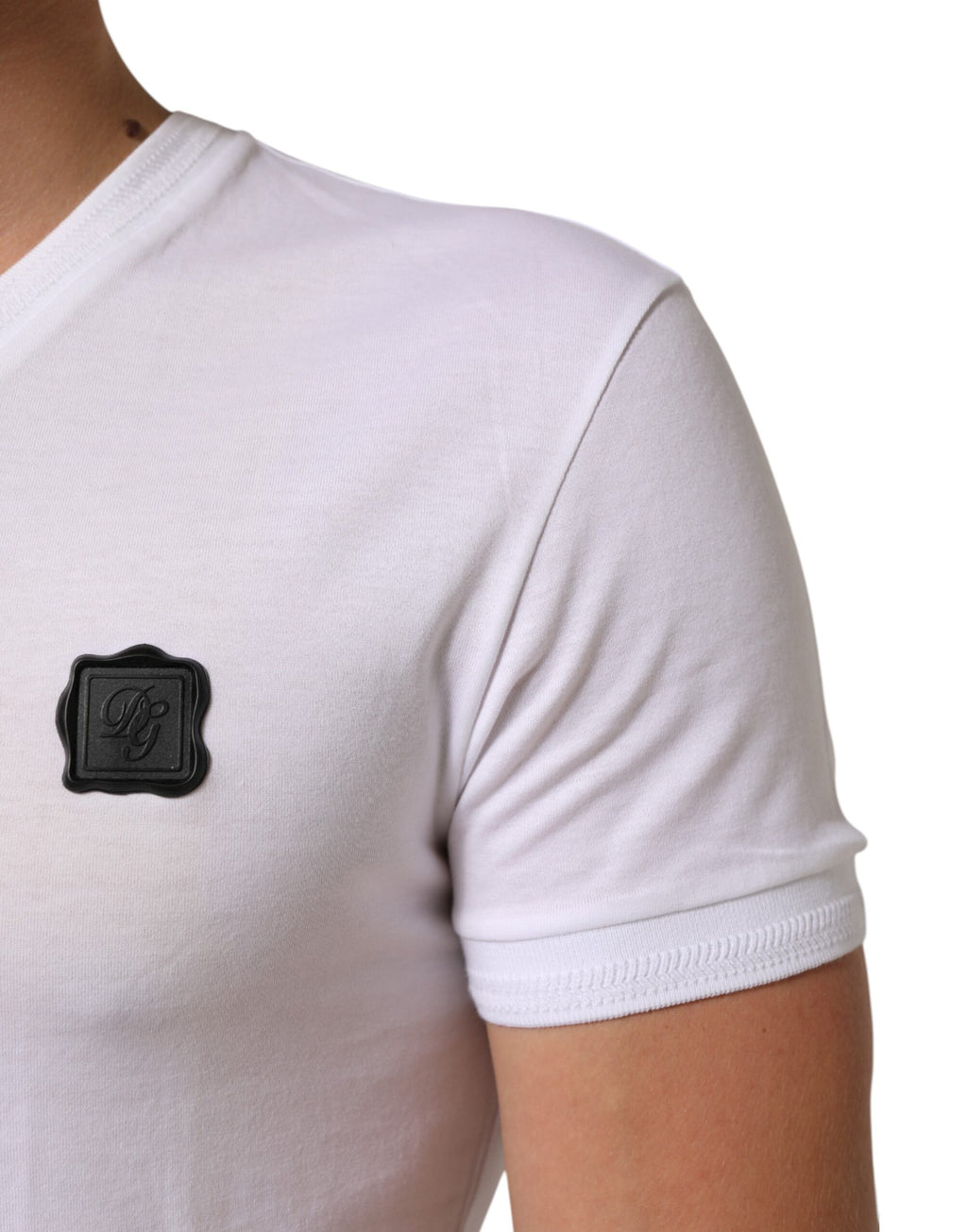 White Cotton Logo Patch V-neck Tee T-shirt