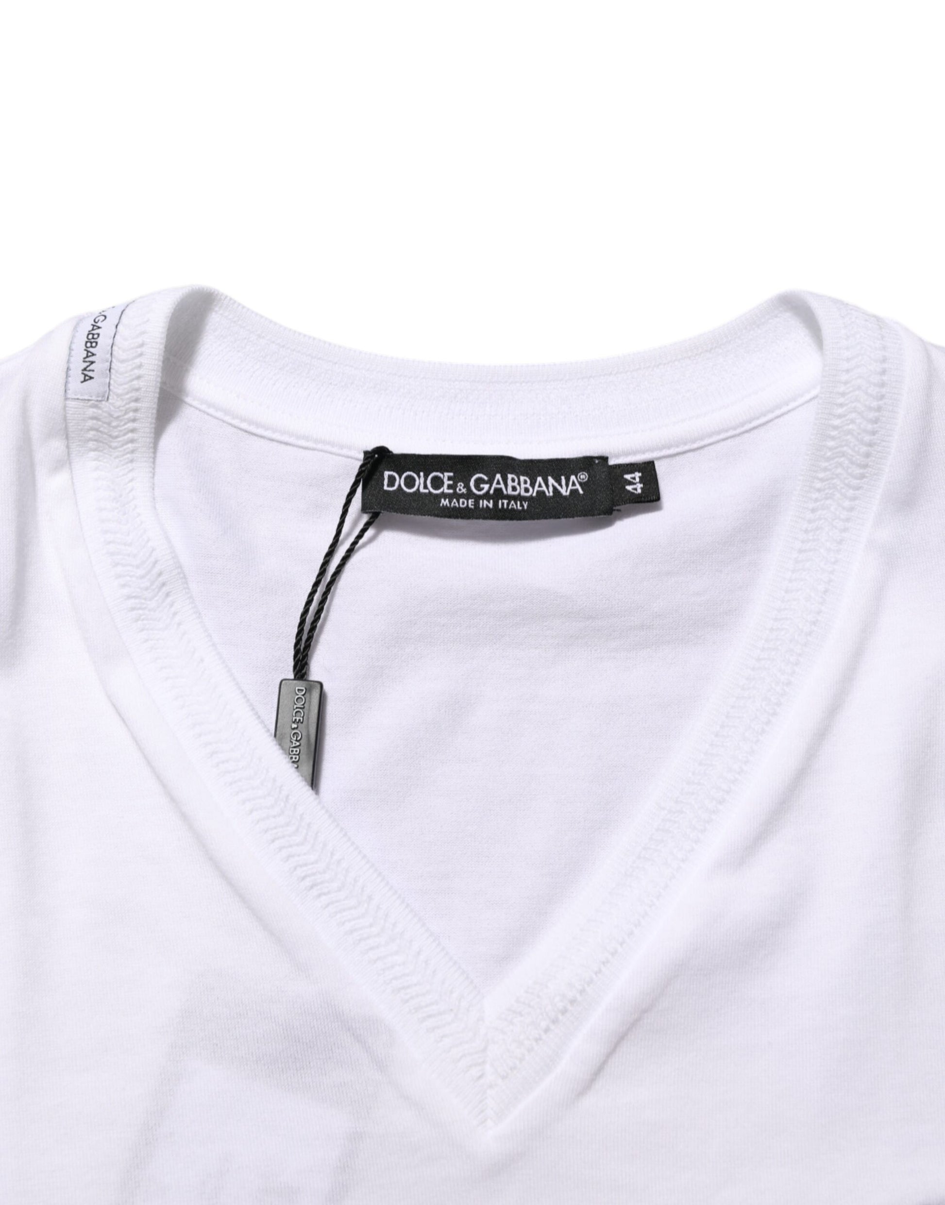 White Cotton Logo Patch V-neck Tee T-shirt