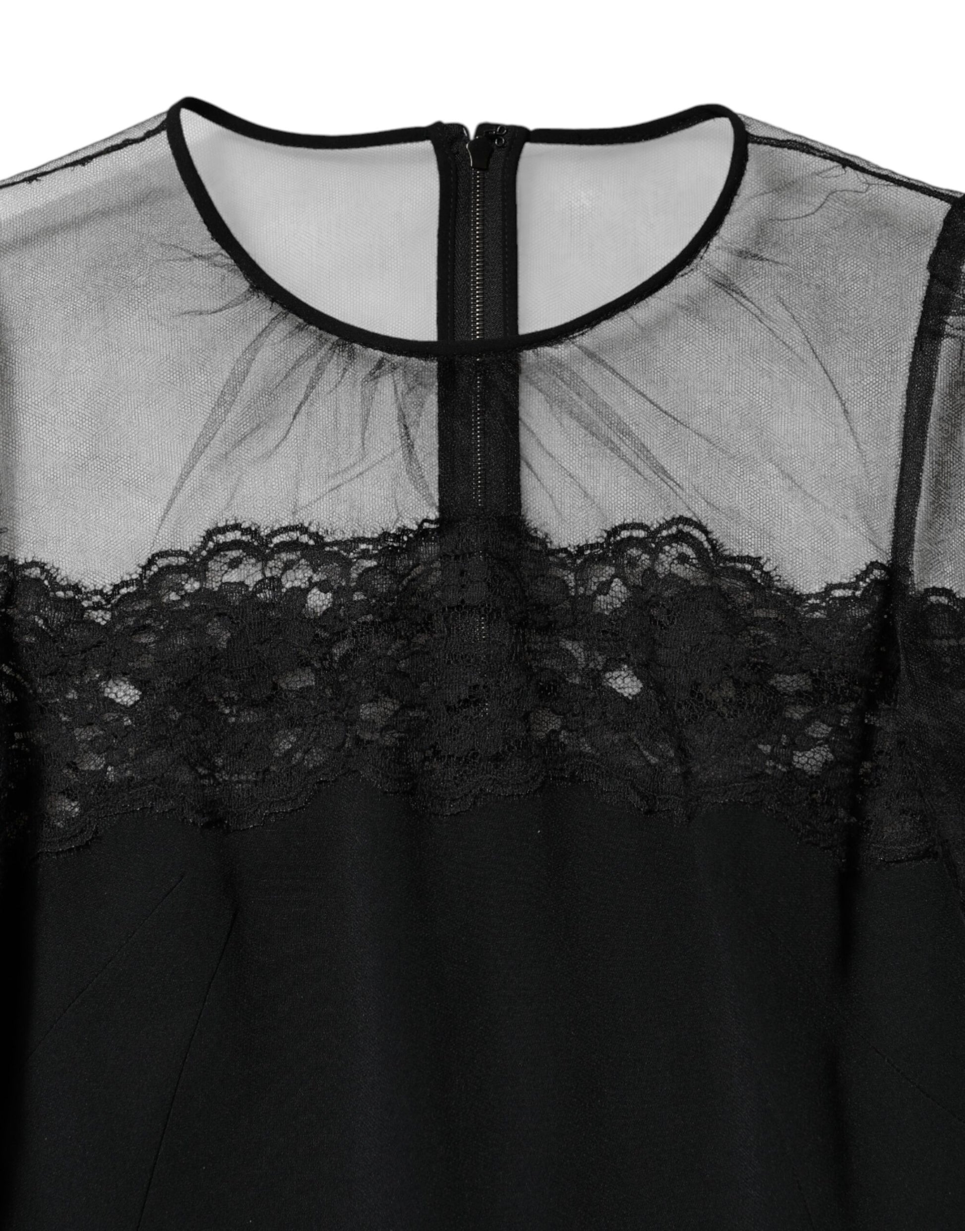 Black Lace Trim Nylon Tulle SheathMidi Dress