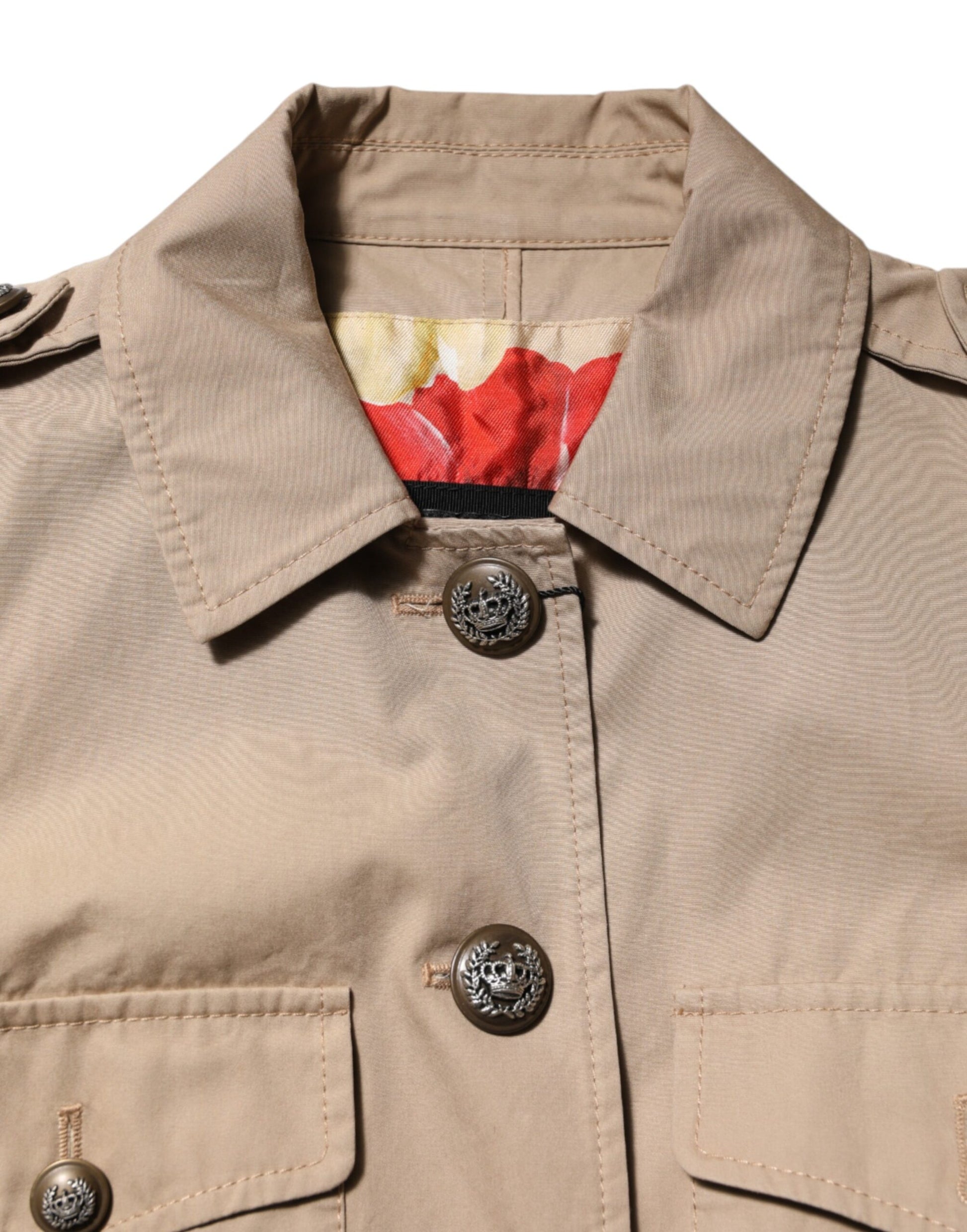 Beige Cotton Button Up Fitted Cropped Jacket