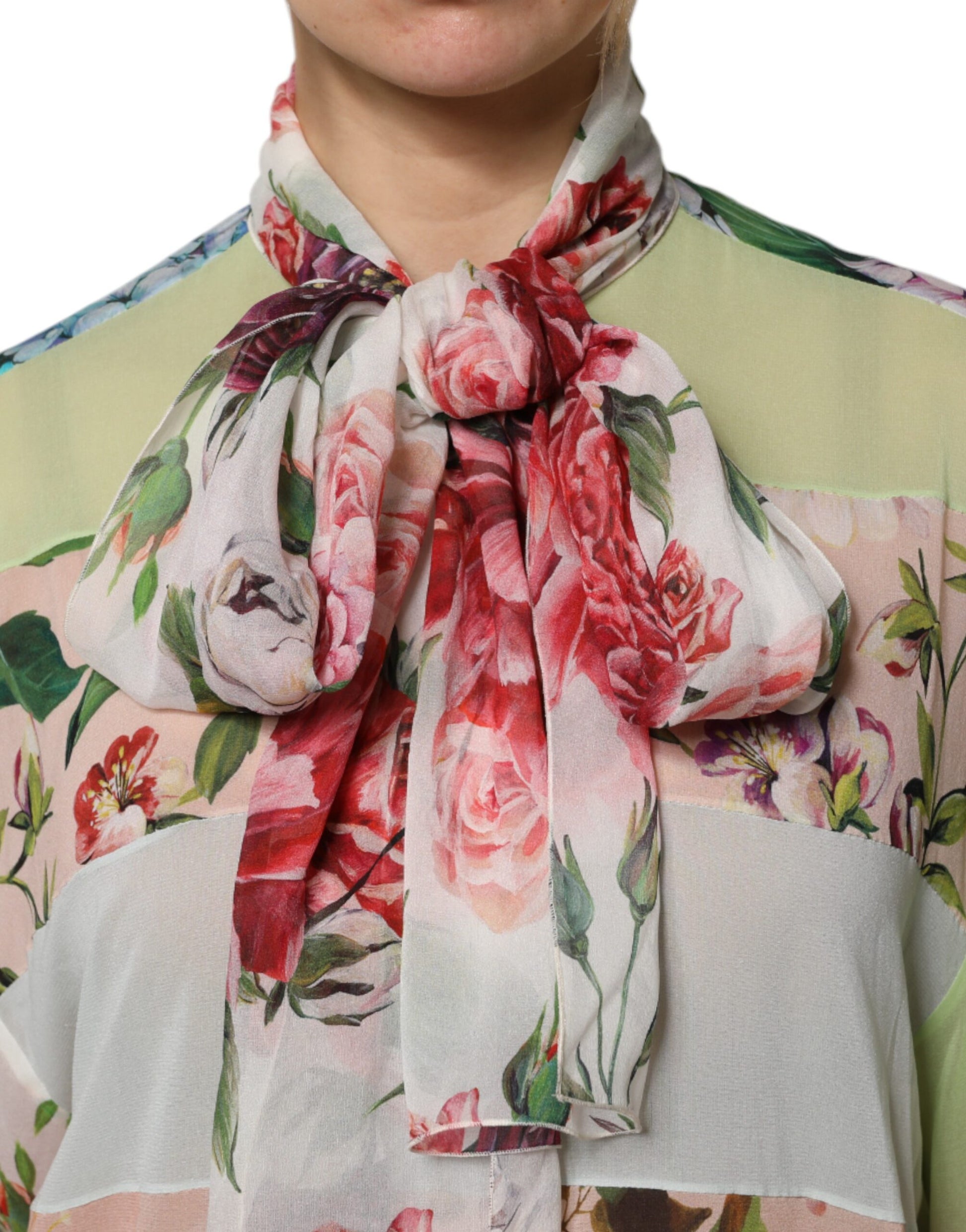 Multicolor Floral Patchwork Silk Ascot Collar Top