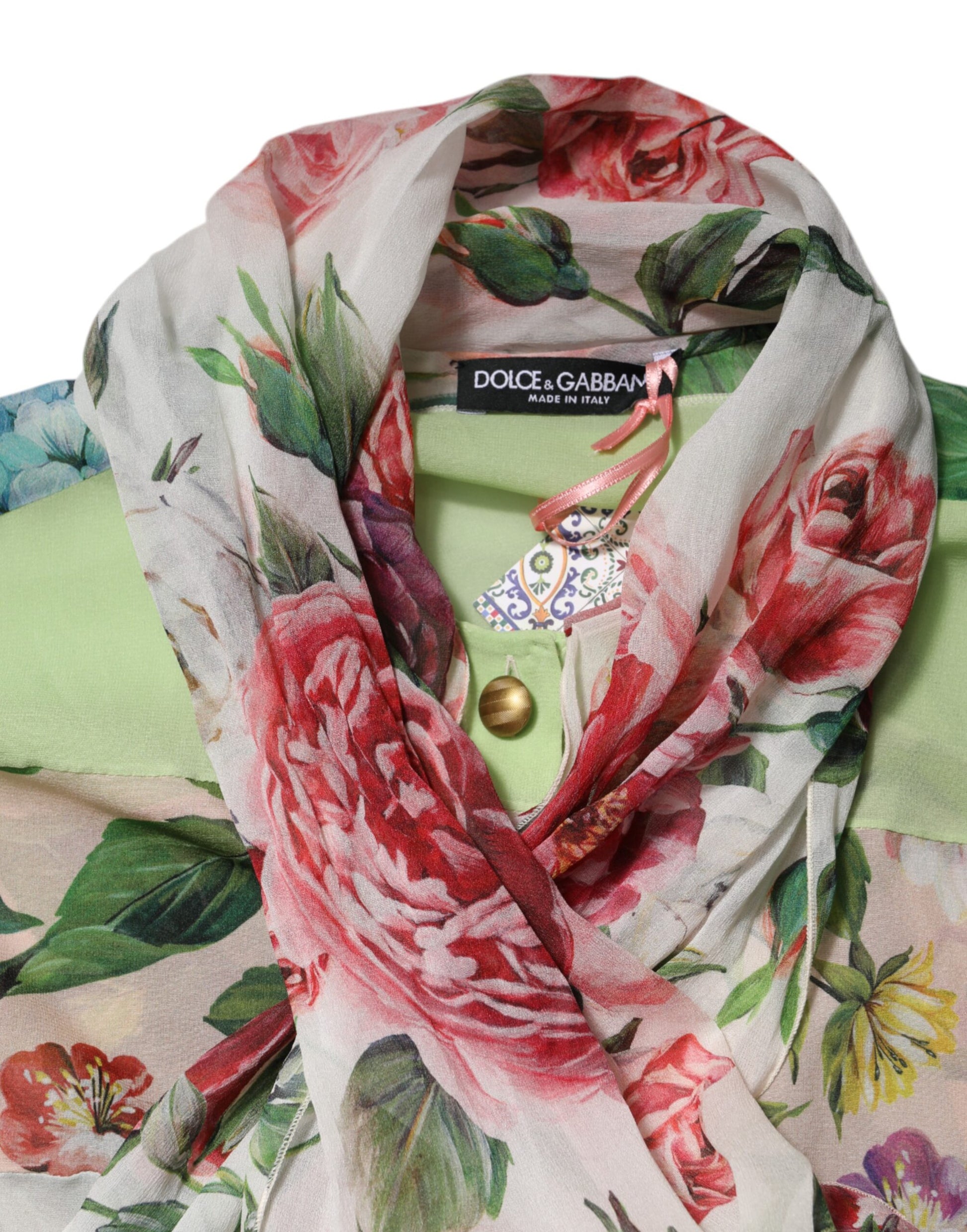 Multicolor Floral Patchwork Ascot Collar Top