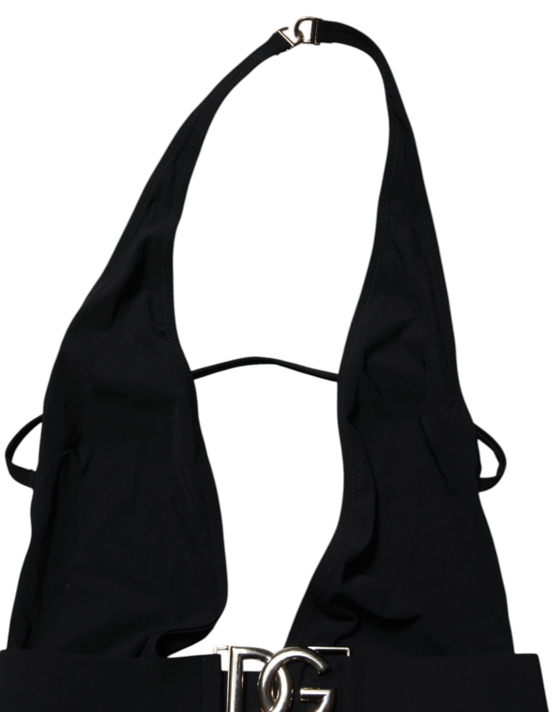 Black Nylon Deep V-Neck One Piece Swimwear