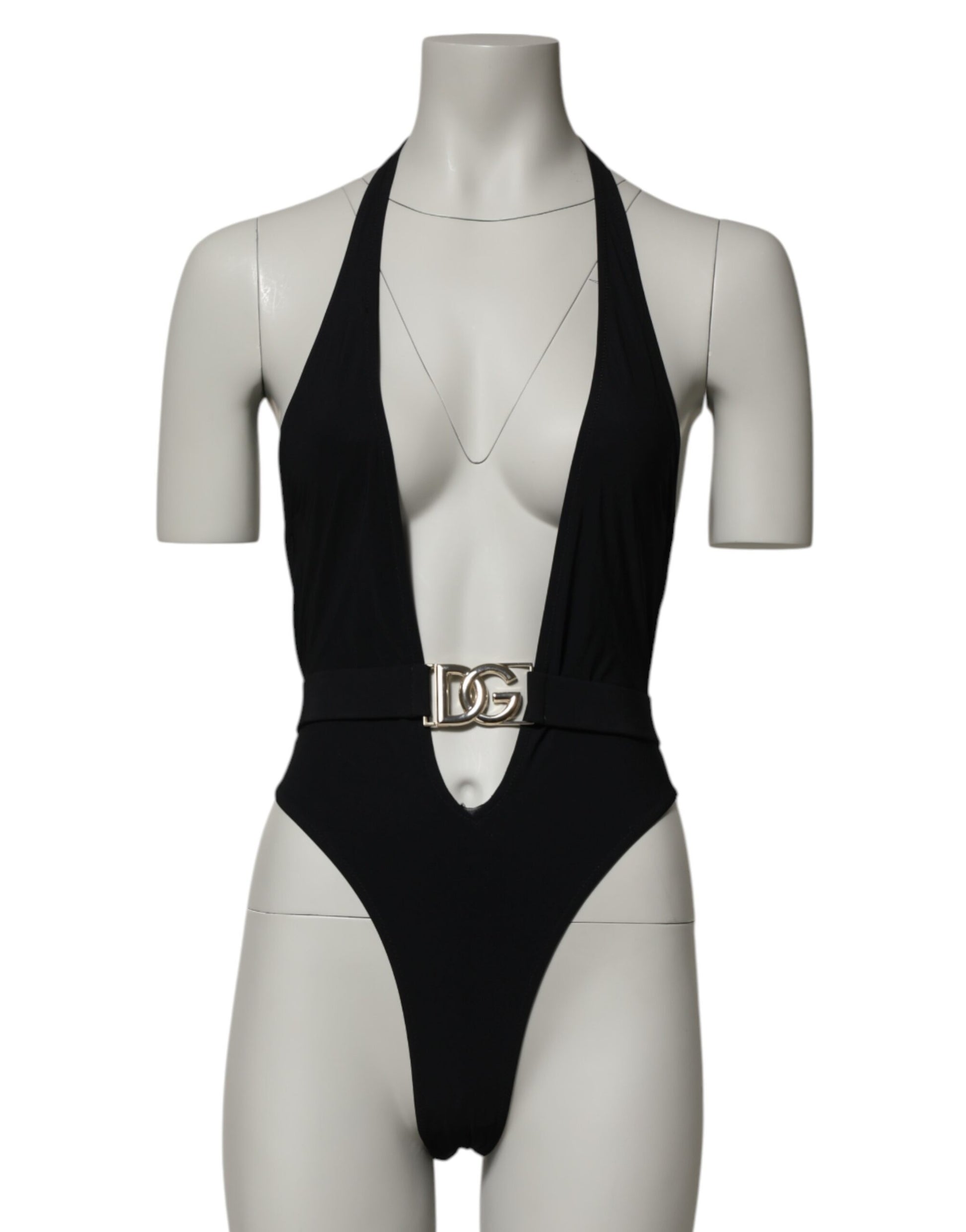 Black Nylon Deep V-Neck One Piece Swimwear
