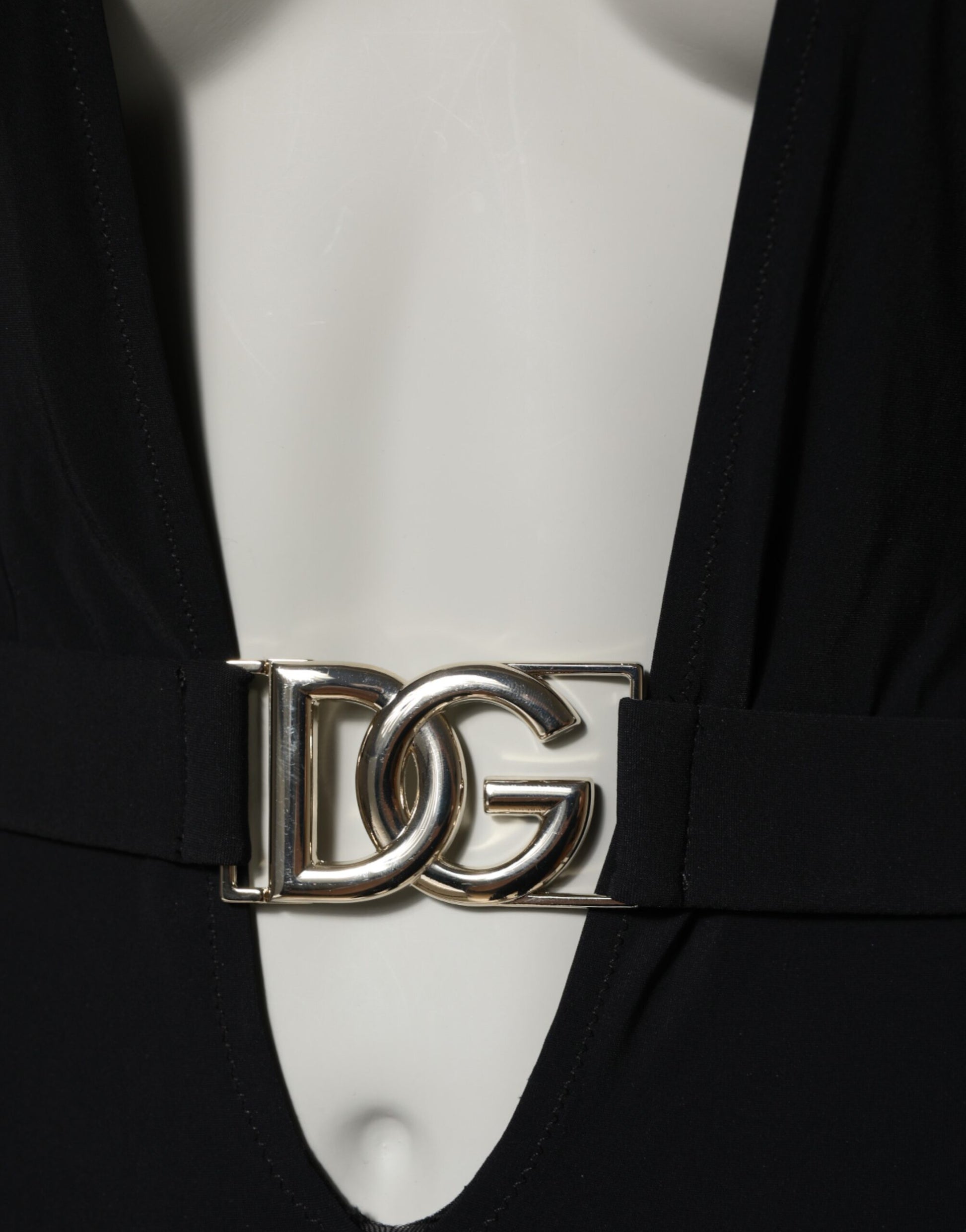 Black Nylon Deep V-Neck One Piece Swimwear