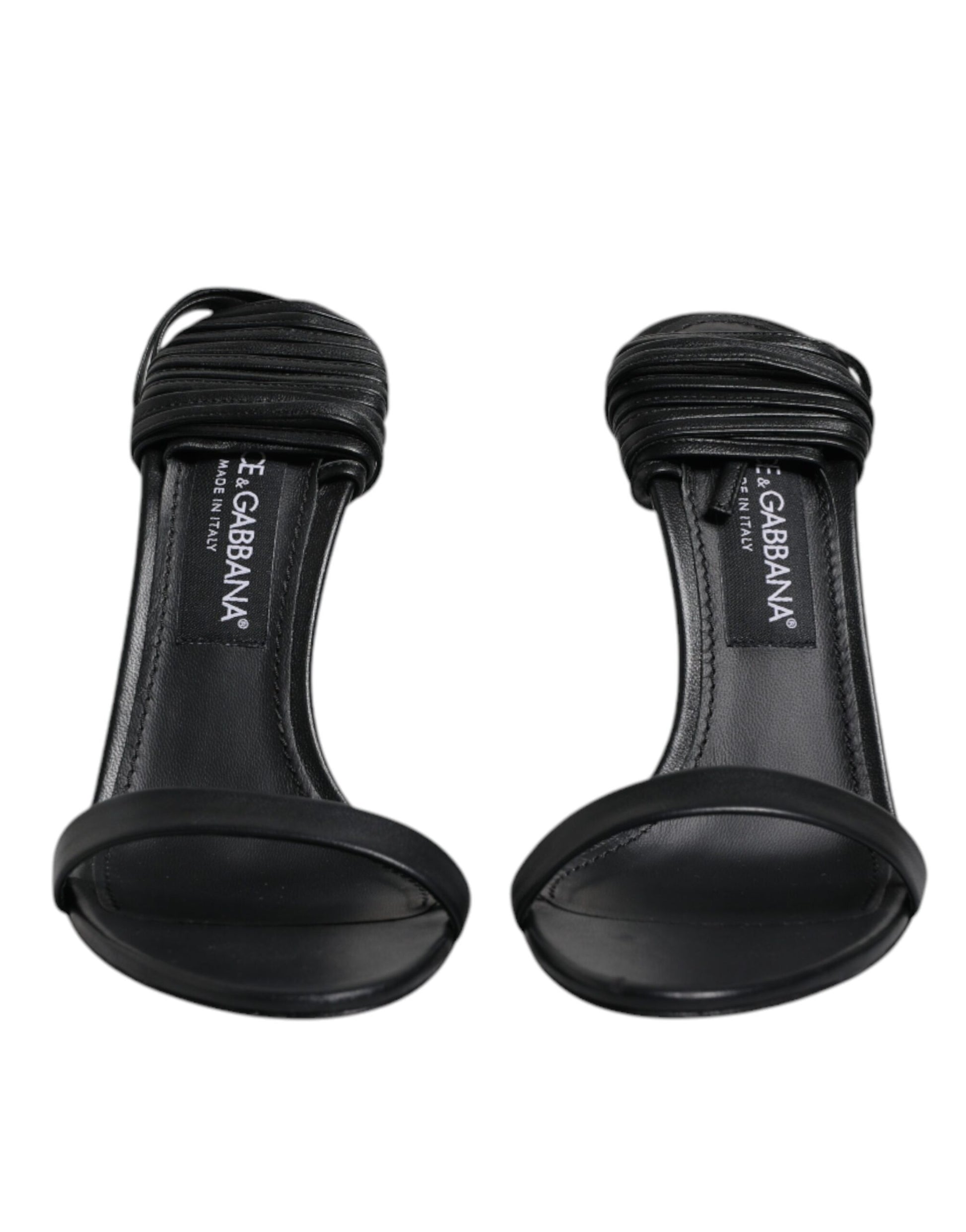 Black Leather Stiletto Heels Sandals Shoes