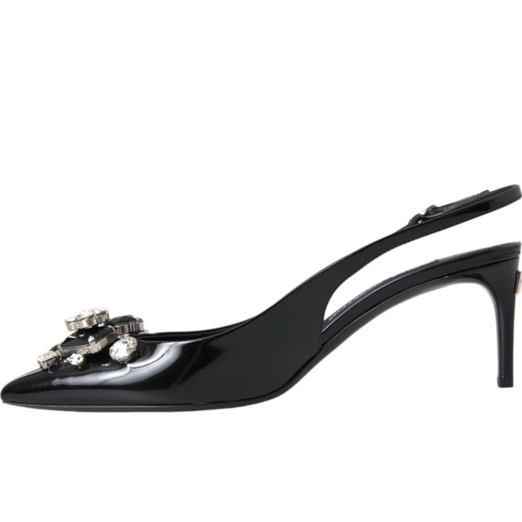 Black Patent Leather Crystal Slingback Shoes