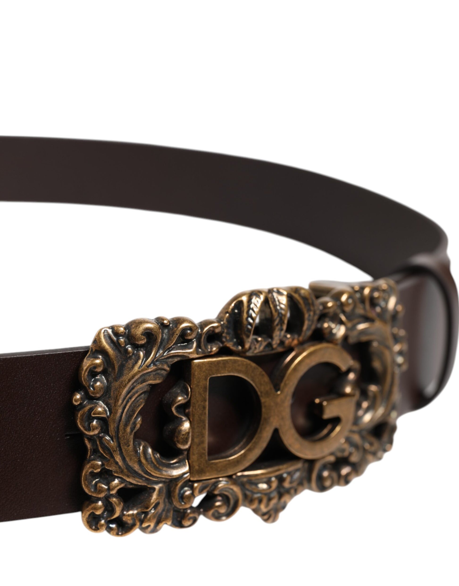 Brown Leather Baroque DG Gold Buckle Men Belt