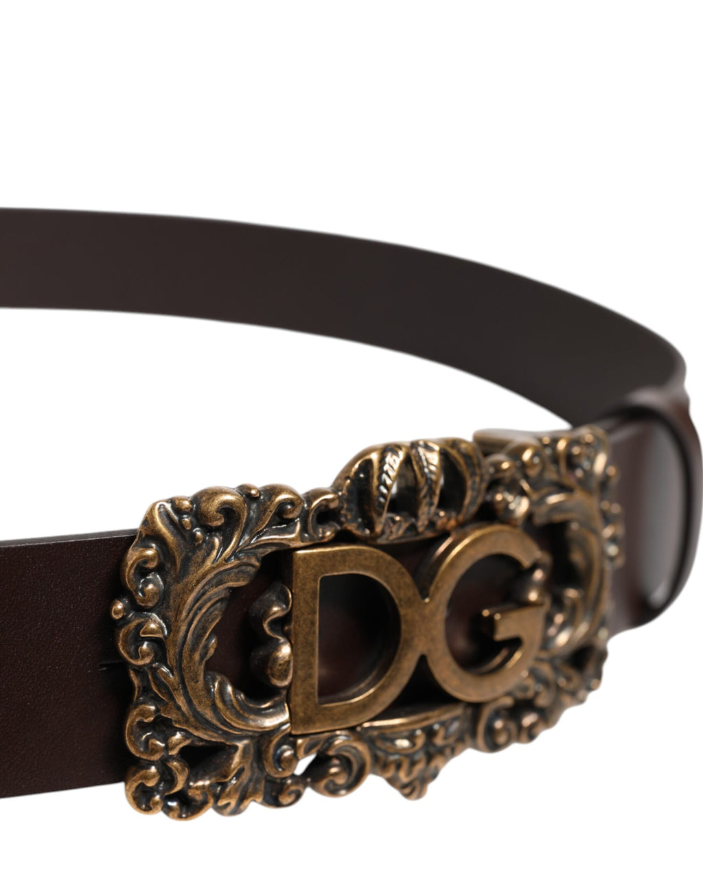 Brown Leather Baroque DG Gold Buckle Men Belt