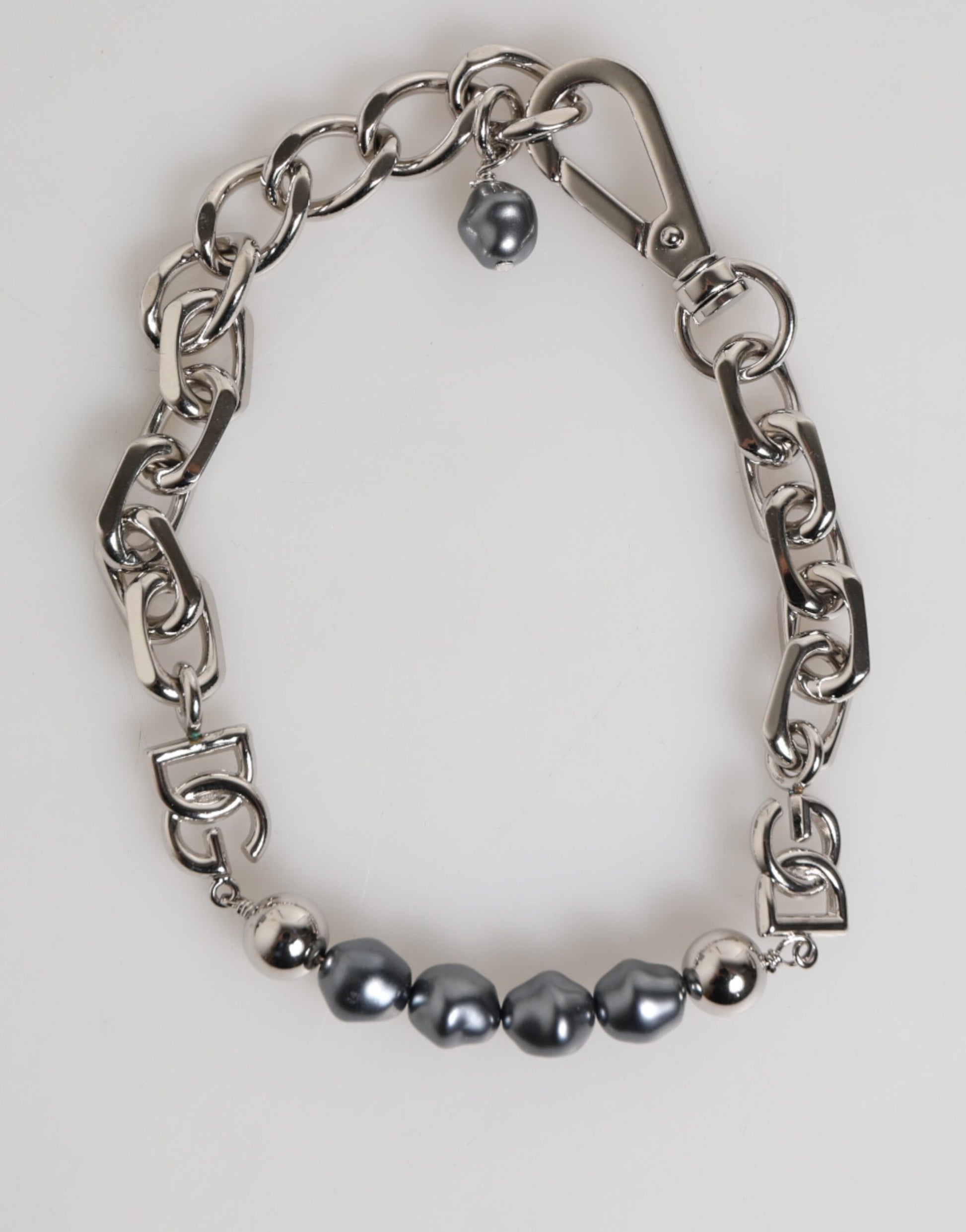 Silver Tone Chain Lobster Clasp Logo Gray Pearls Bracelet