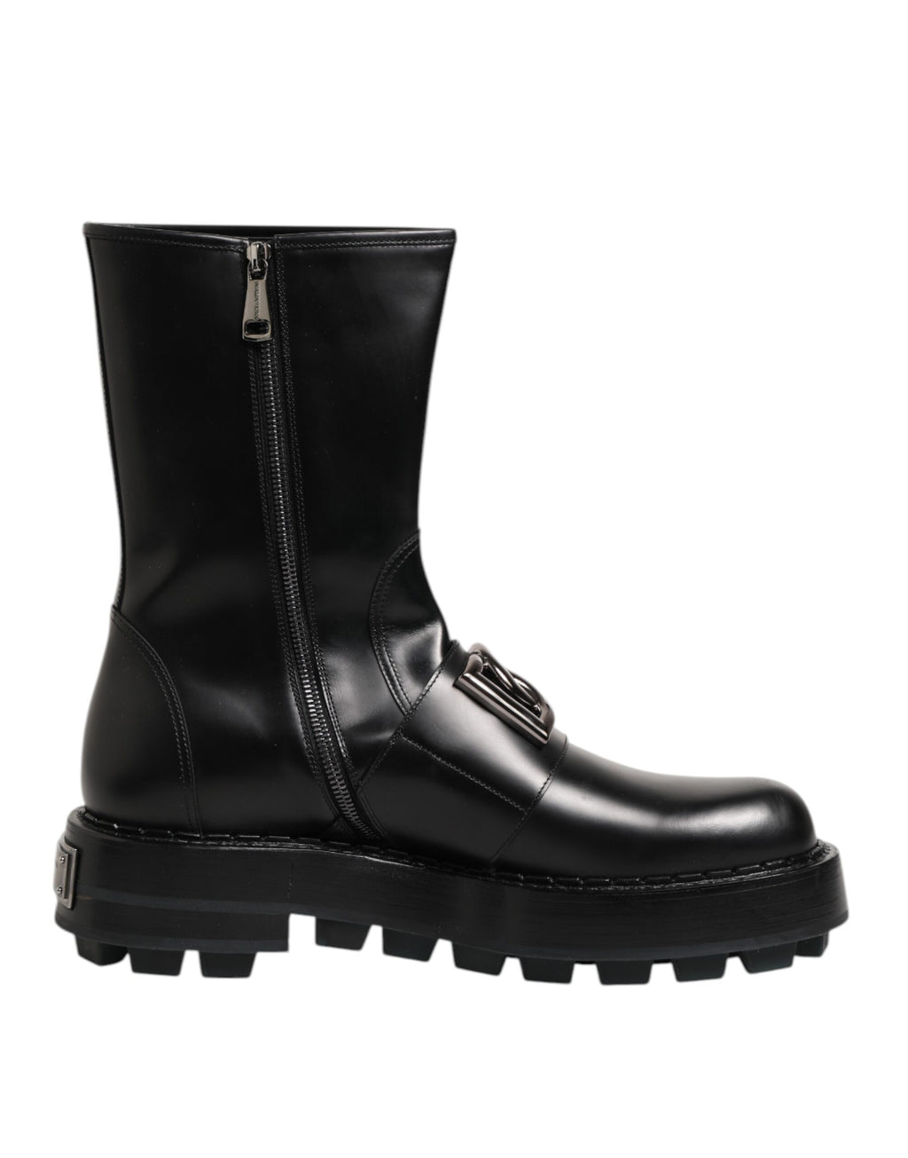 Black Logo Plaque Mid Calf Biker Boots Shoes