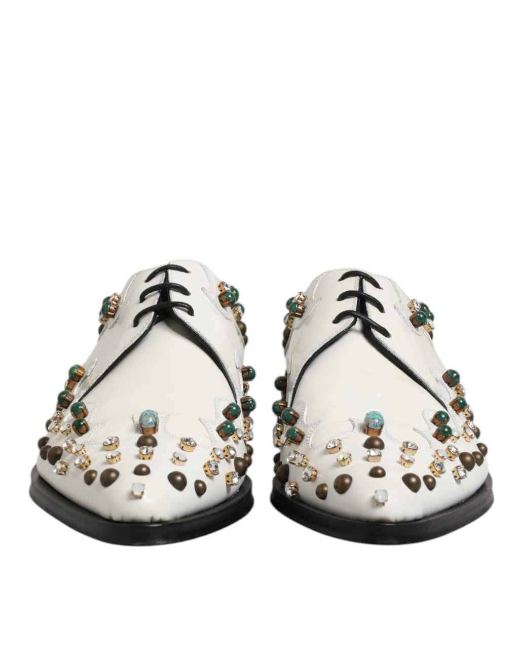 White Leather Crystals Embellished Derby Shoes