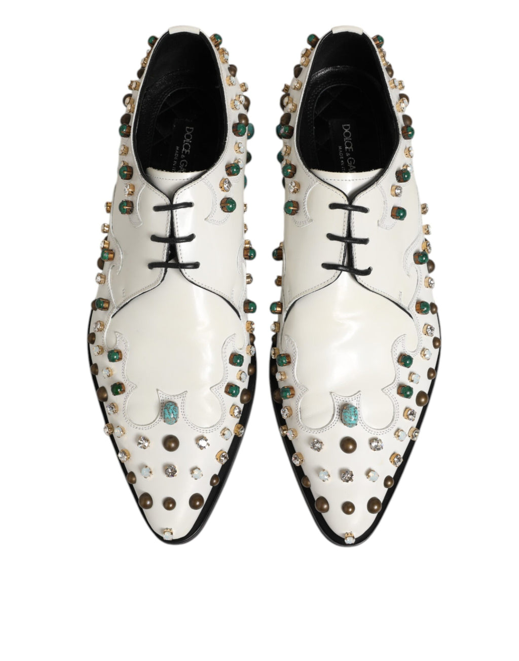 White Leather Crystals Embellished Derby Shoes