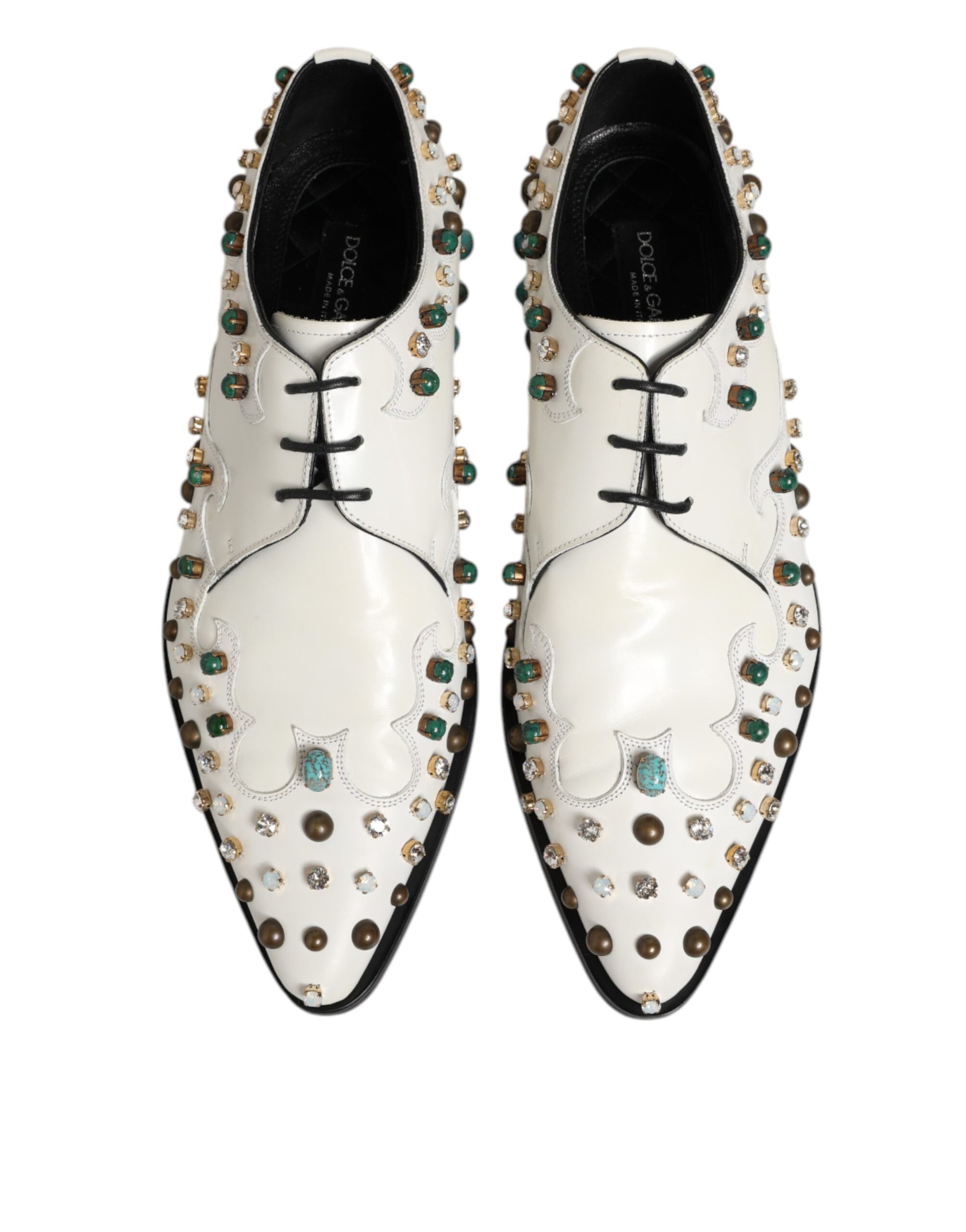 White Leather Crystals Embellished Derby Shoes