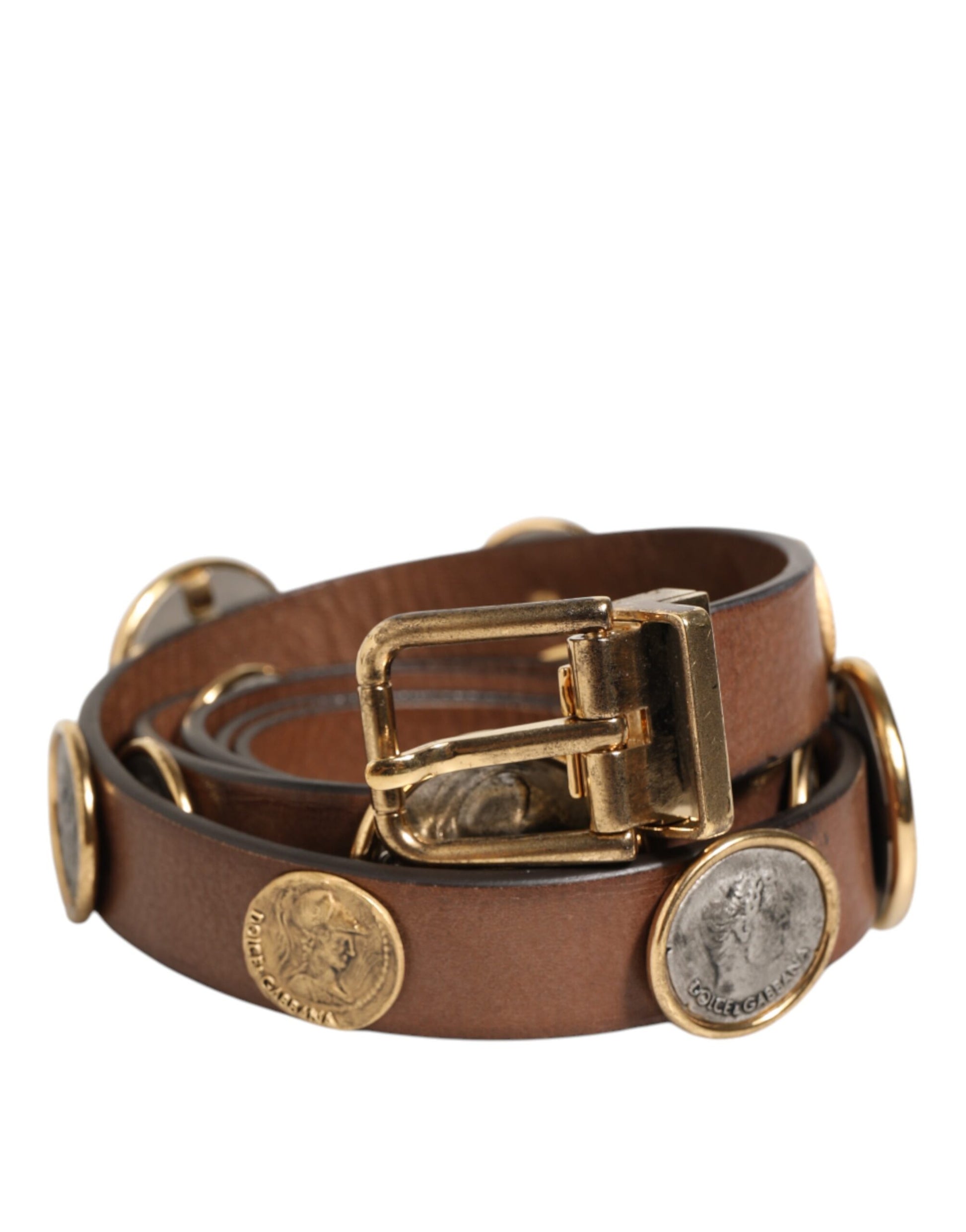 Brown Leather Gold Silver Coin Buckle Belt