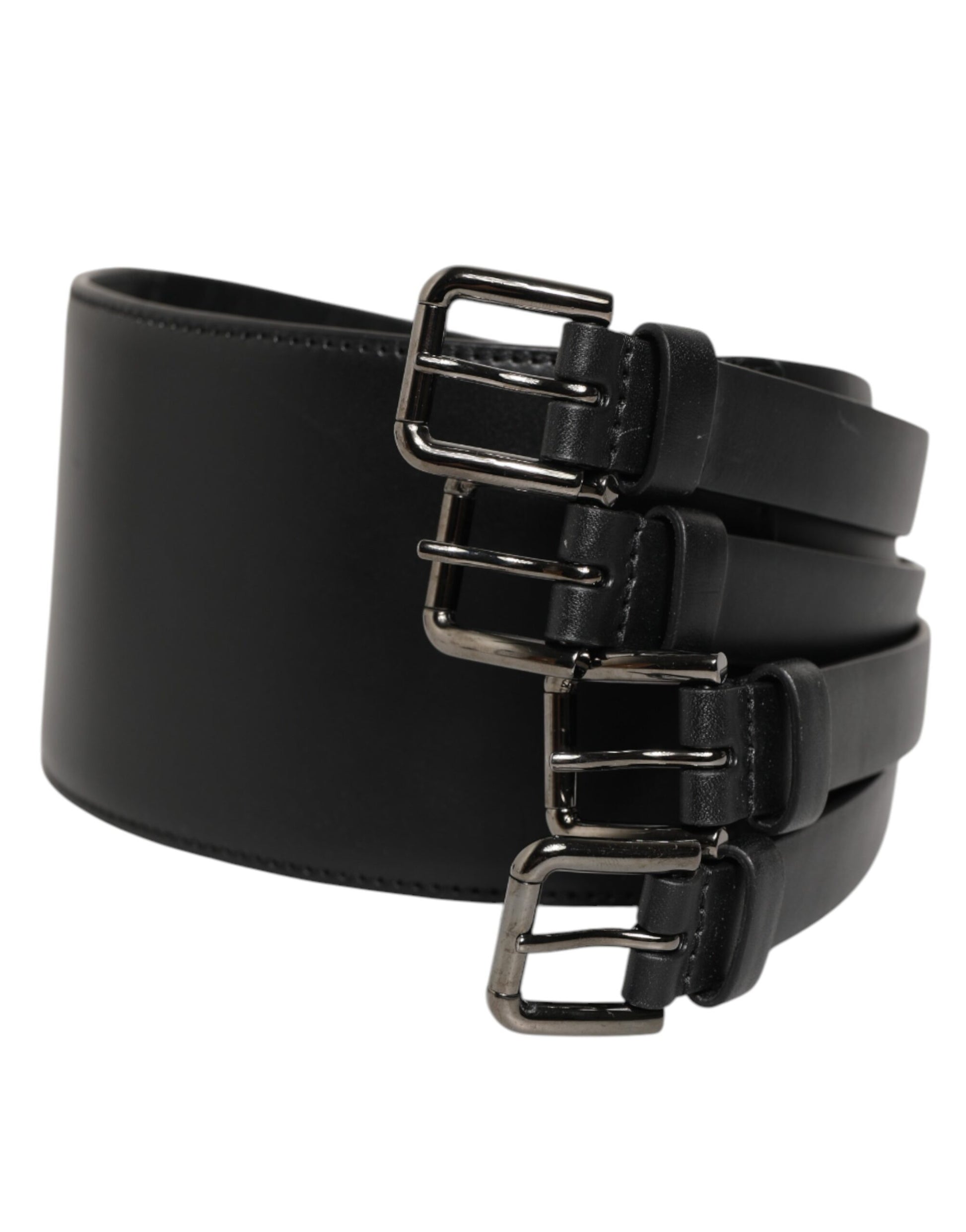 Black Leather 4-Strap Metal Multi-Buckle Belt