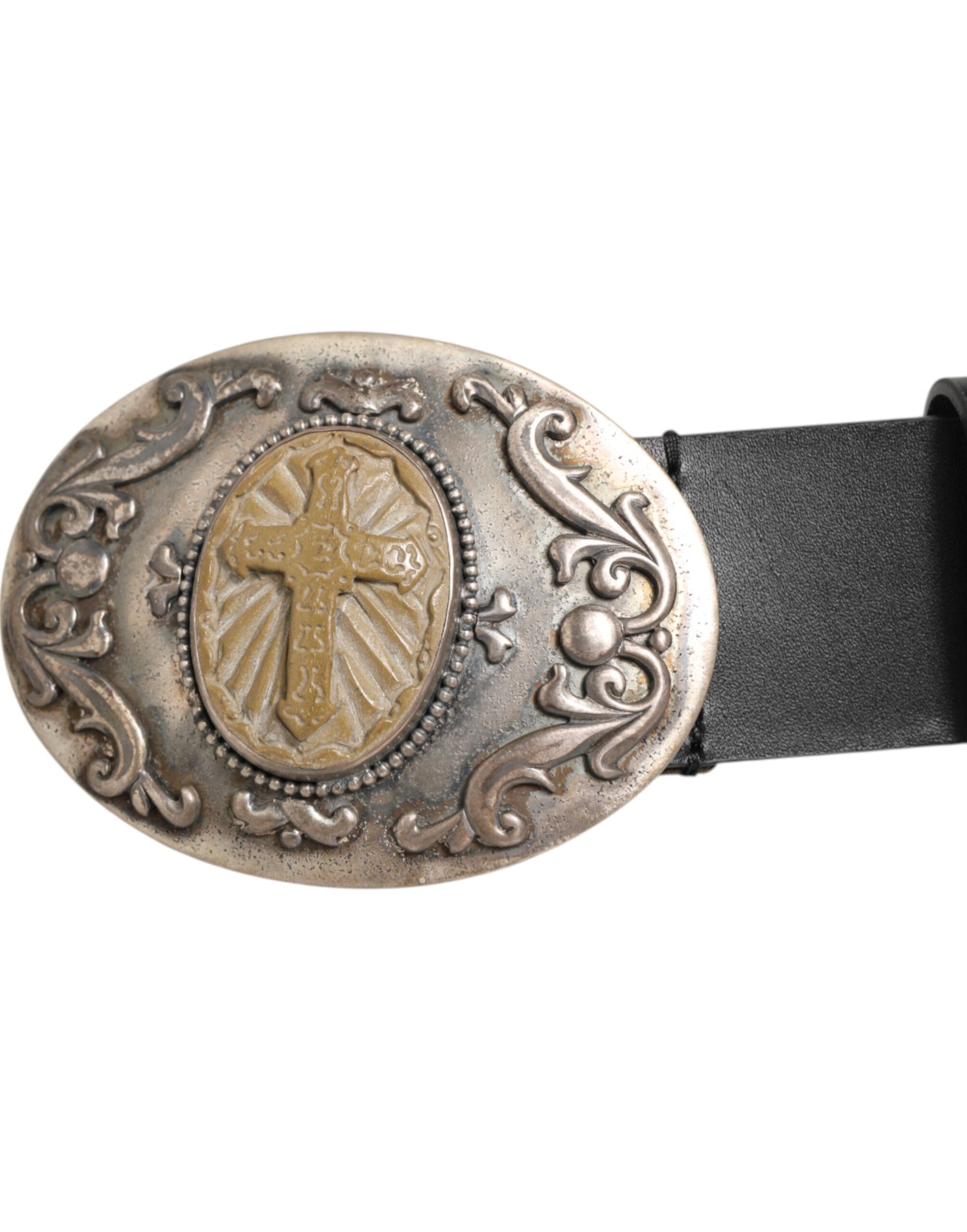Black Leather Ornate Metal Buckle Men Belt
