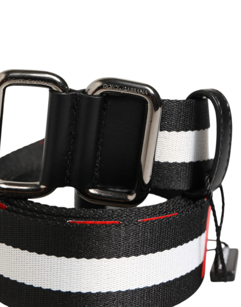 Black White Striped Logo Metal Buckle Belt