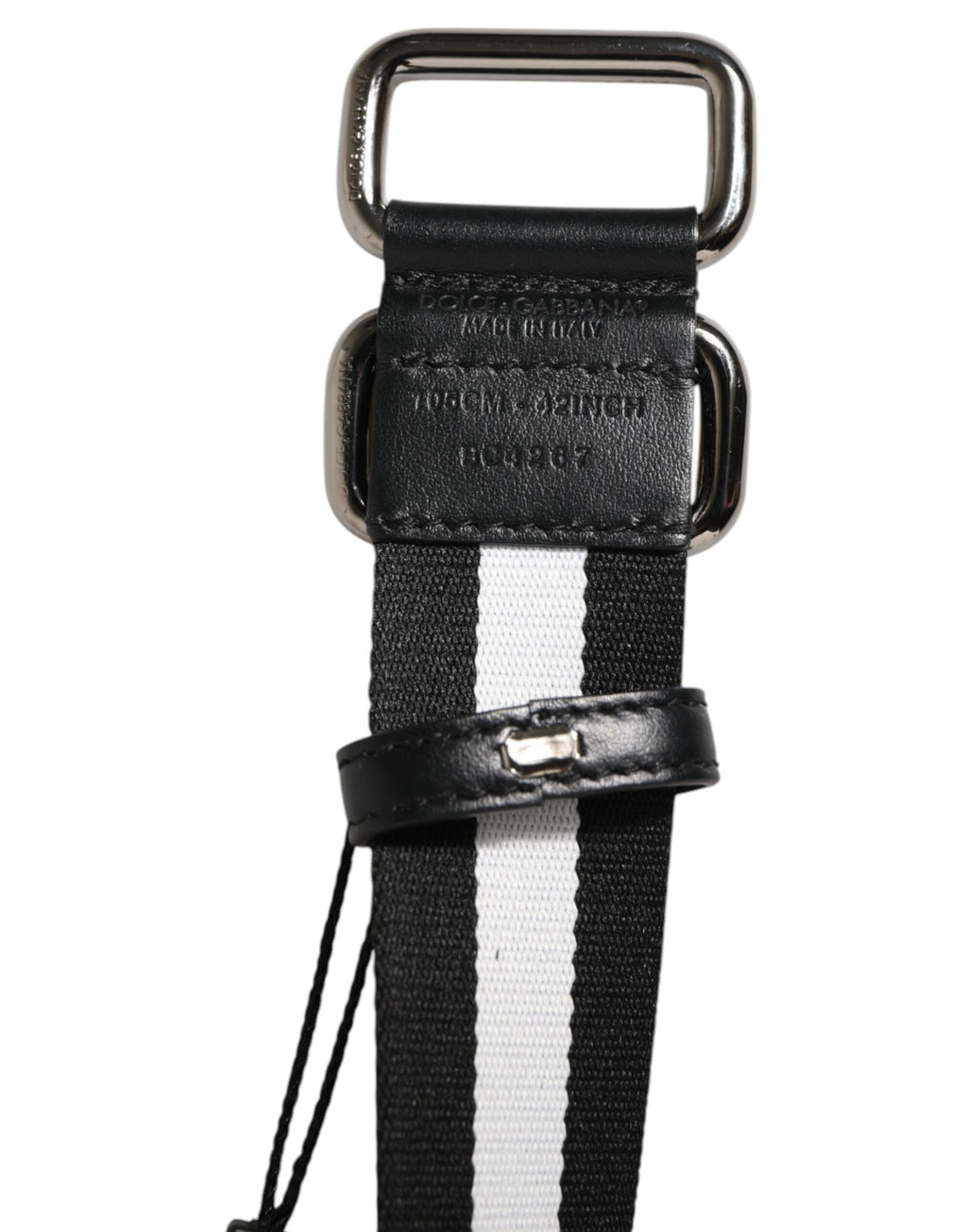 Black White Striped Logo Metal Buckle Belt