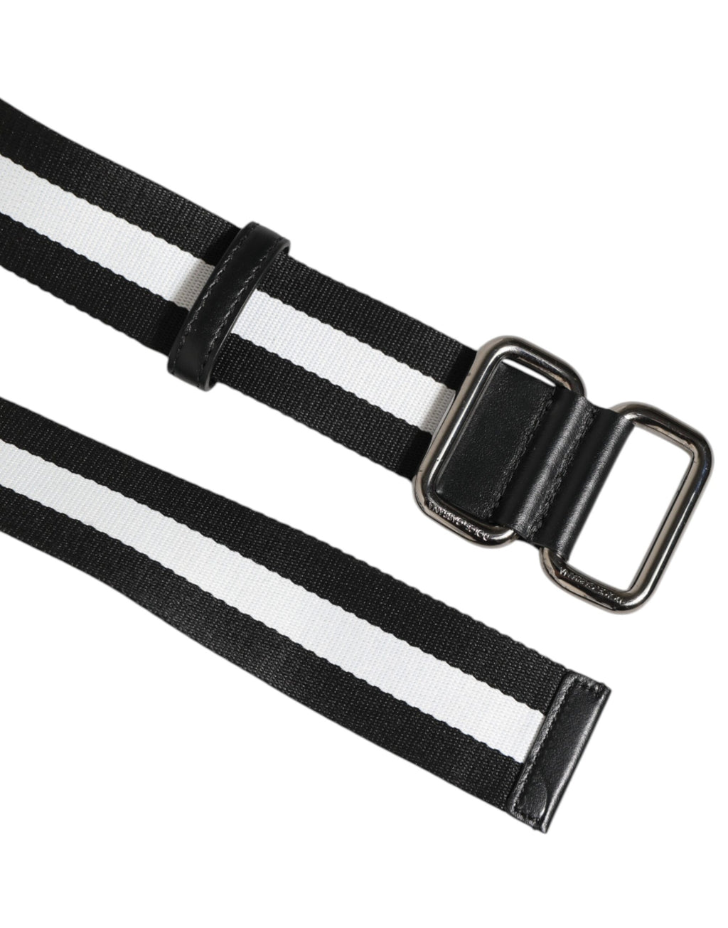 Black White Striped Logo Metal Buckle Belt