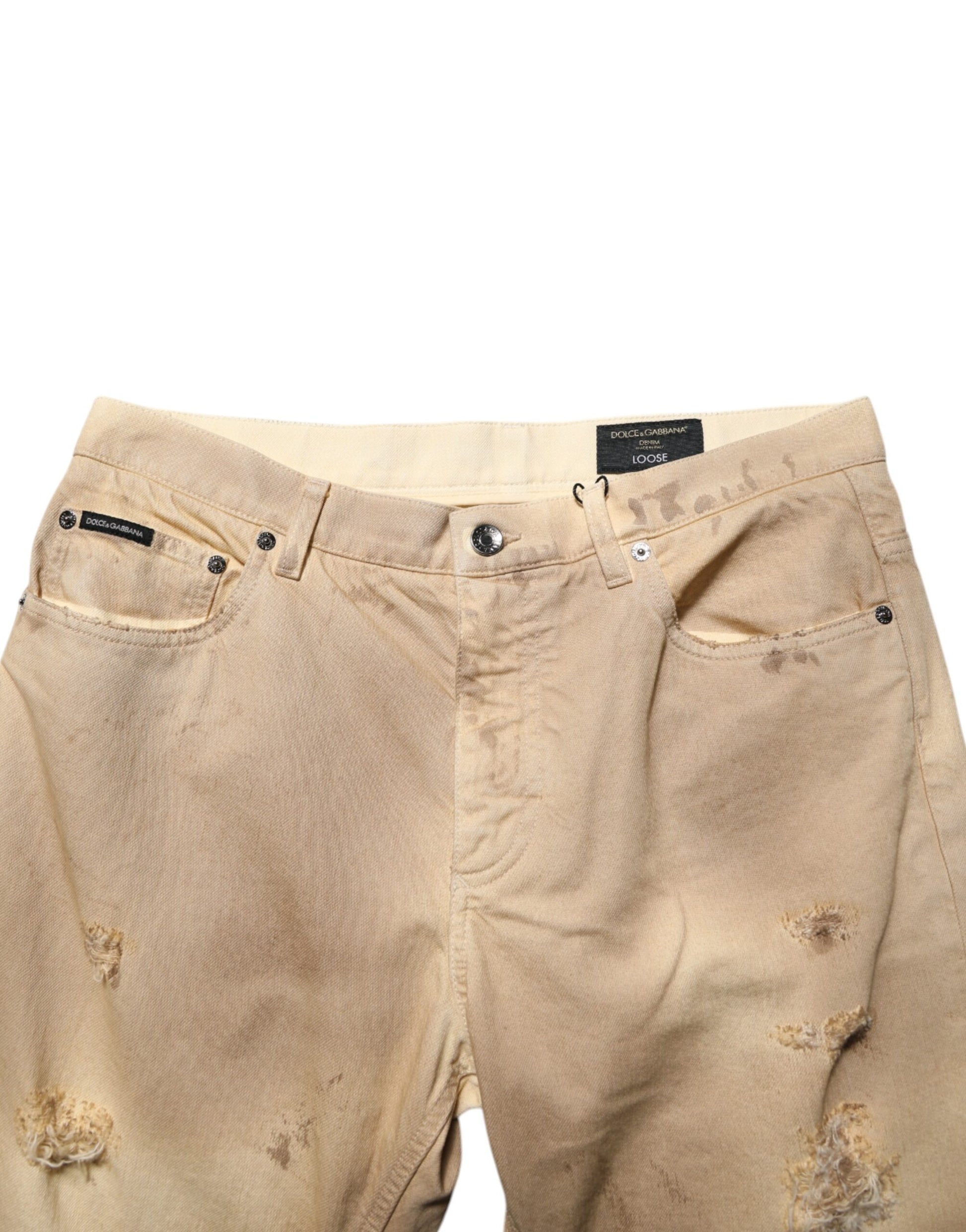 Beige Cotton Loose Tattered Men Denim Jeans