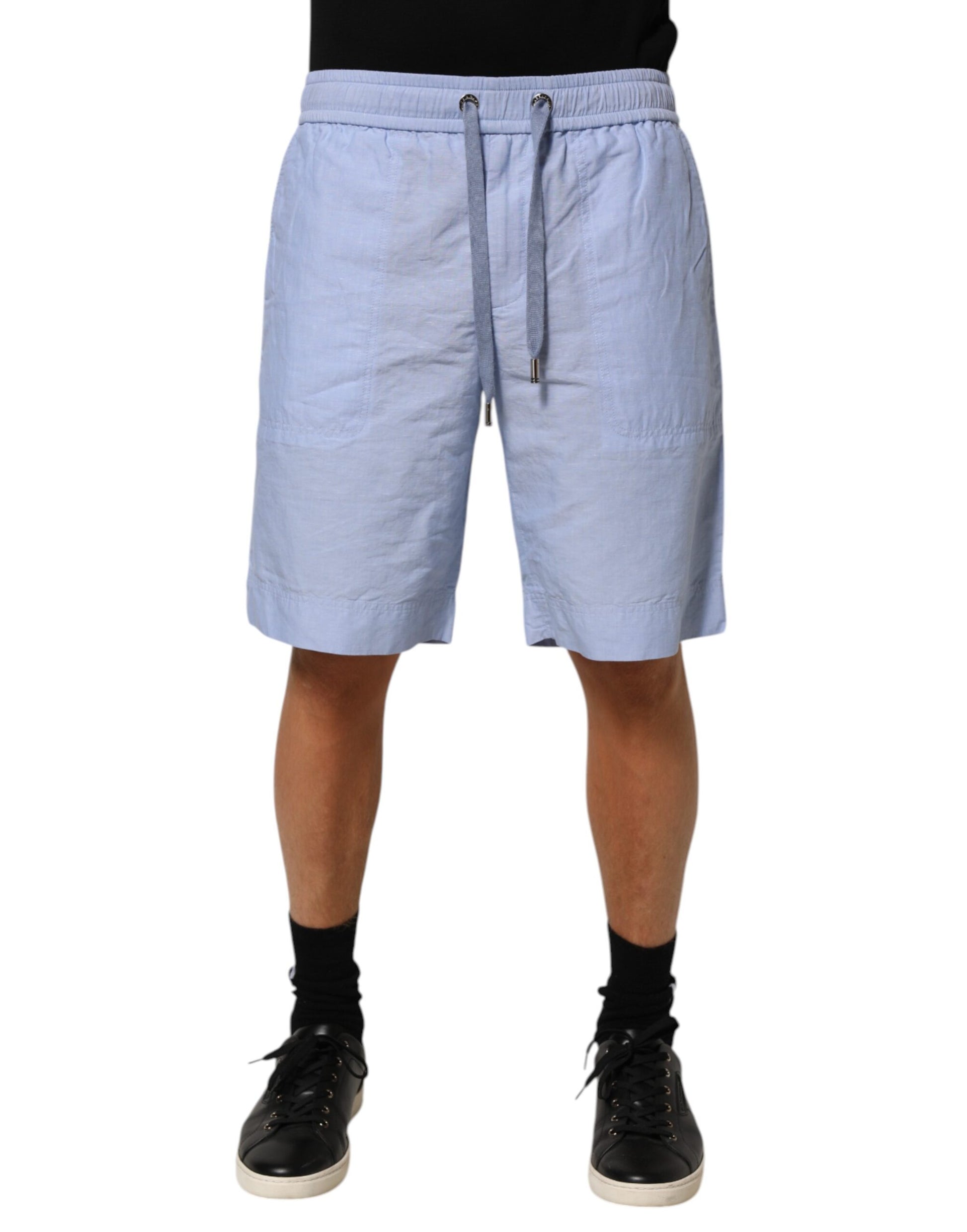 Light Blue Linen Mid Waist Men Bermuda Shorts