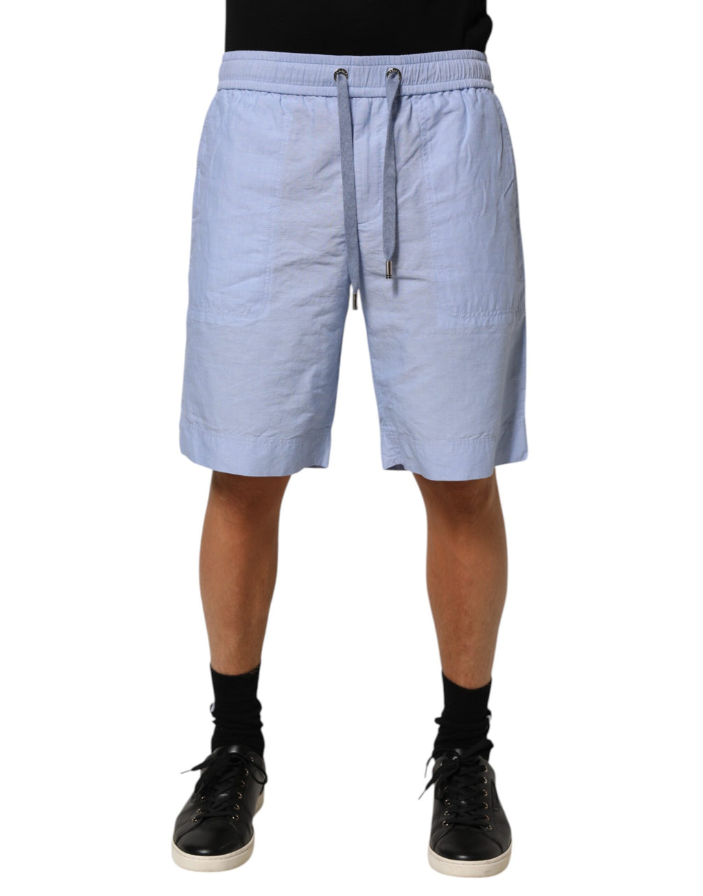 Light Blue Linen Mid Waist Men Bermuda Shorts