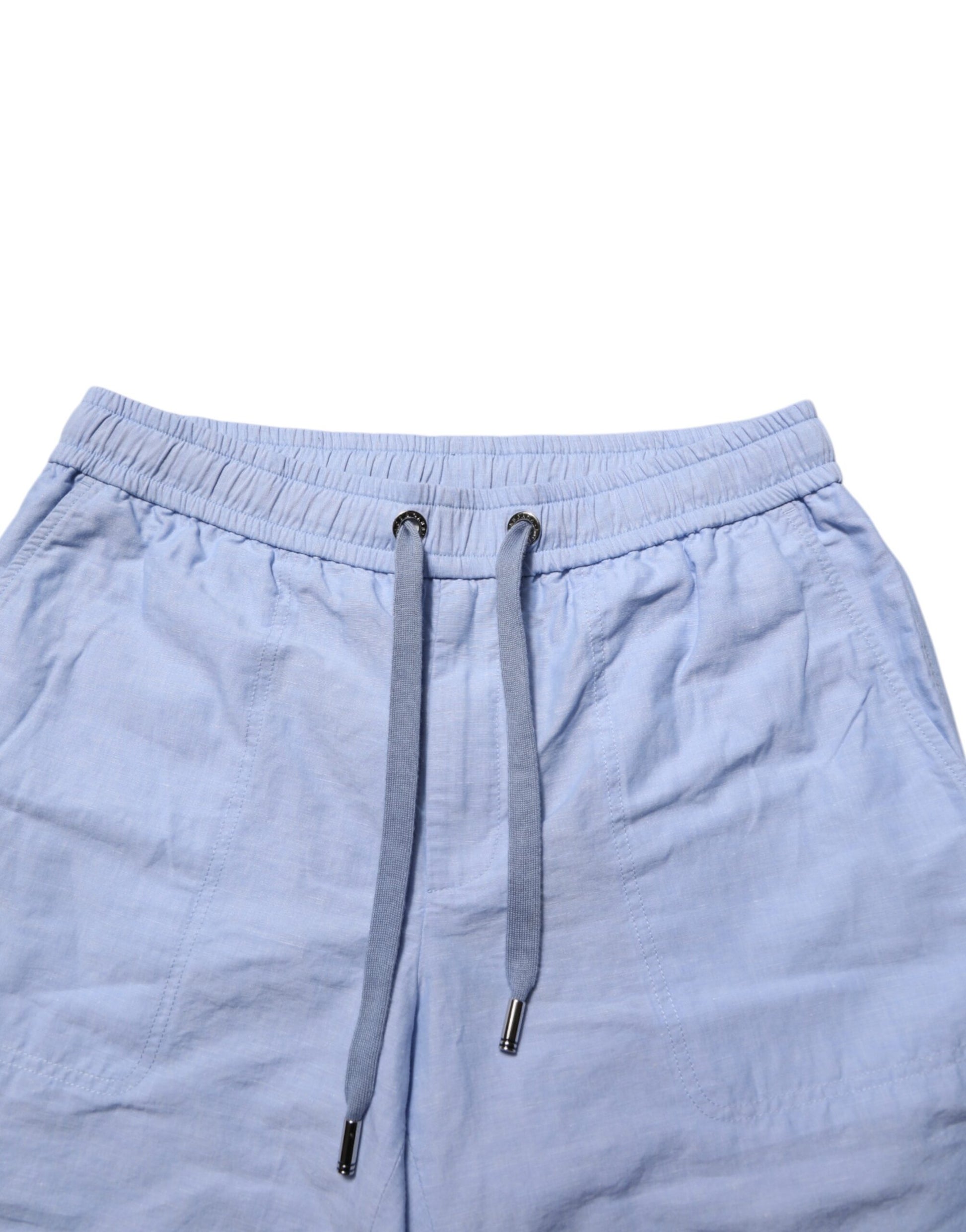 Light Blue Linen Mid Waist Men Bermuda Shorts
