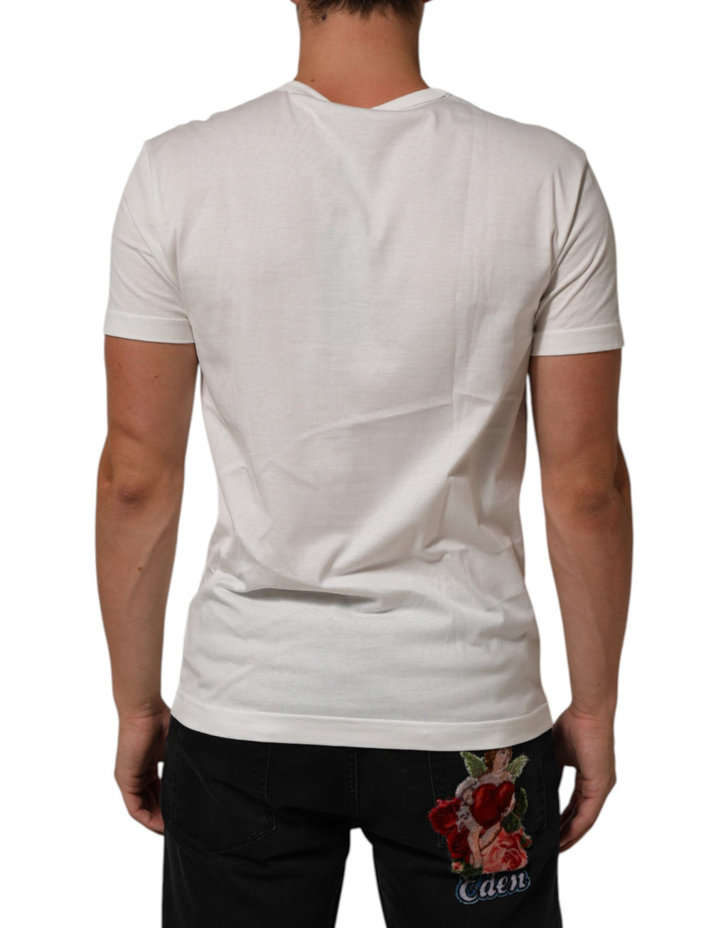 White Logo Patch Cotton Crew Neck Men T-shirt