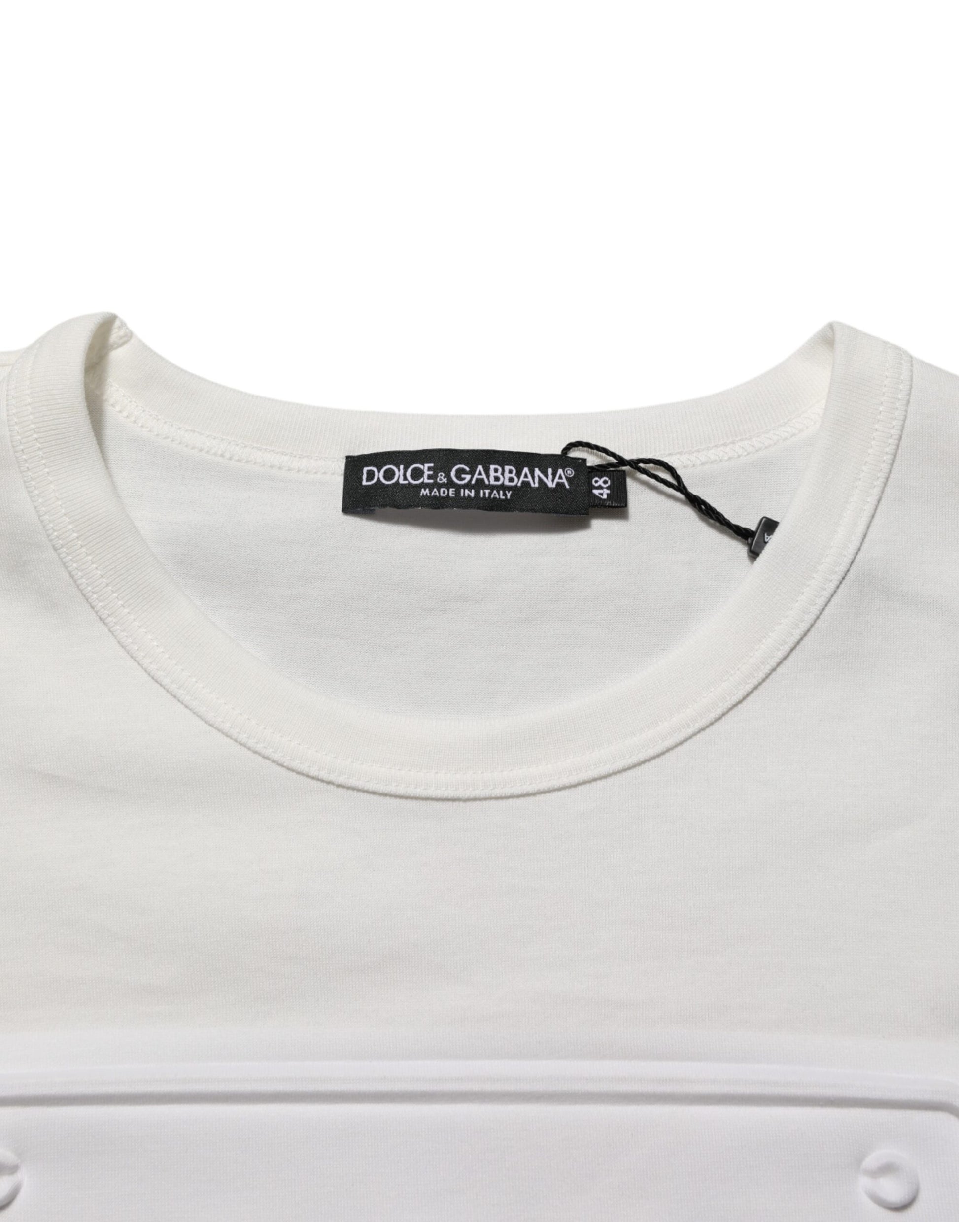 White Logo Patch Cotton Crew Neck Men T-shirt