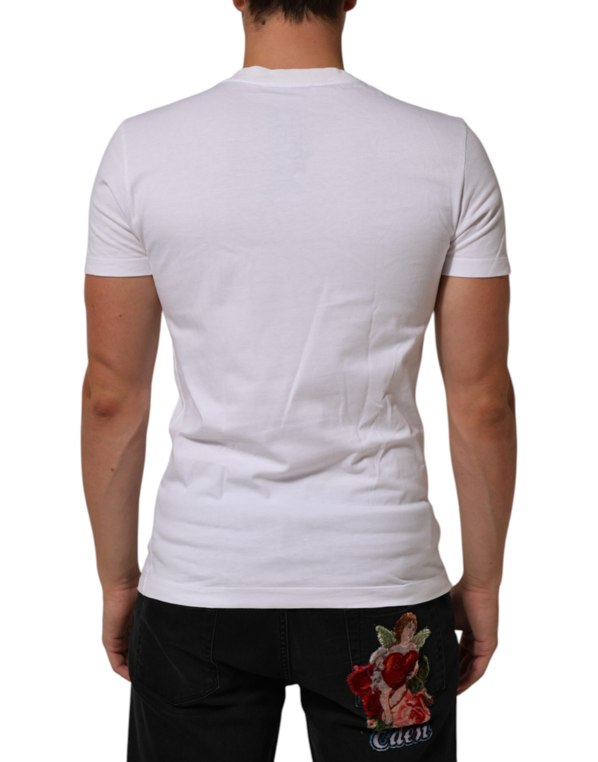White Cotton Logo Print Crew Neck Men T-shirt