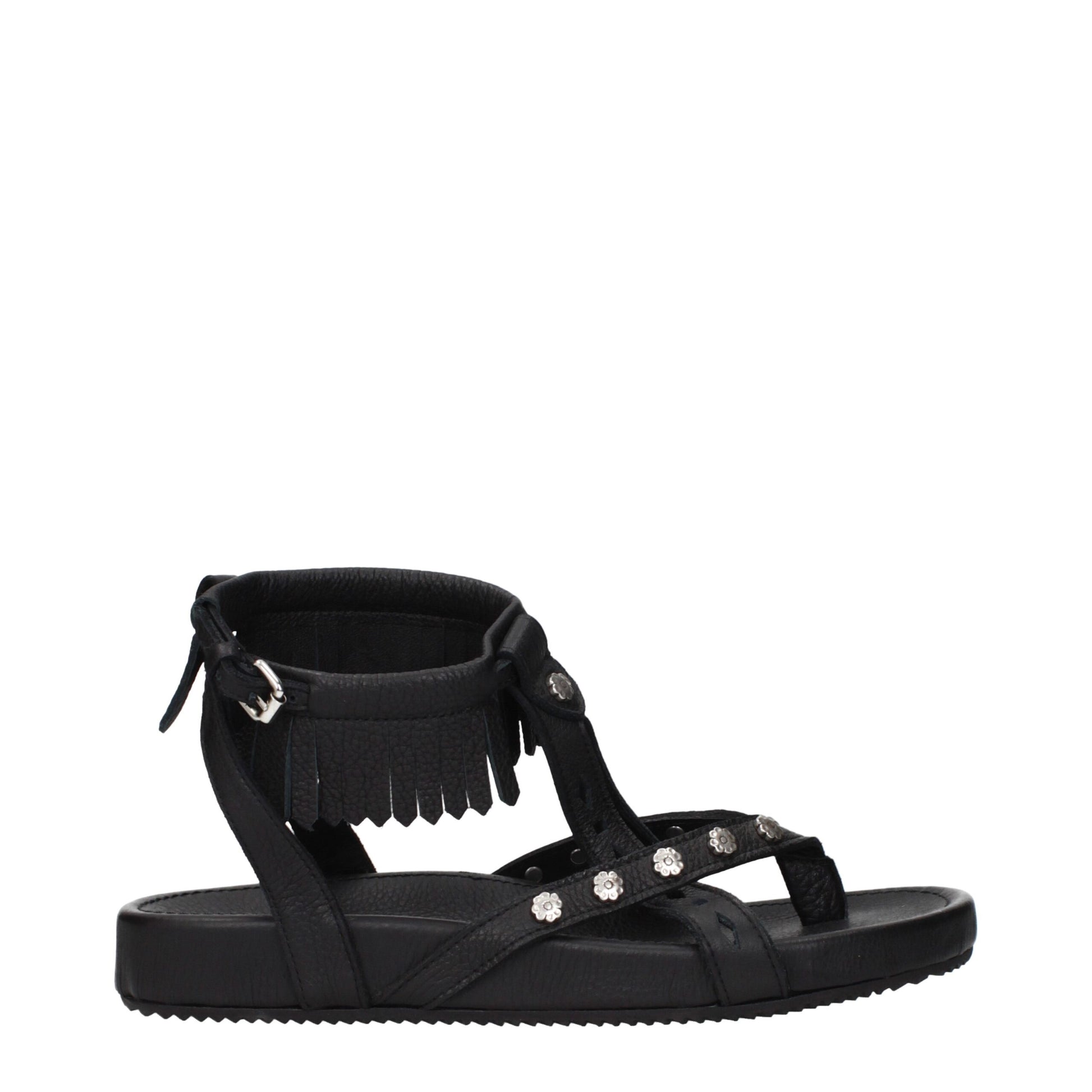 Black Leather Flat Sandals