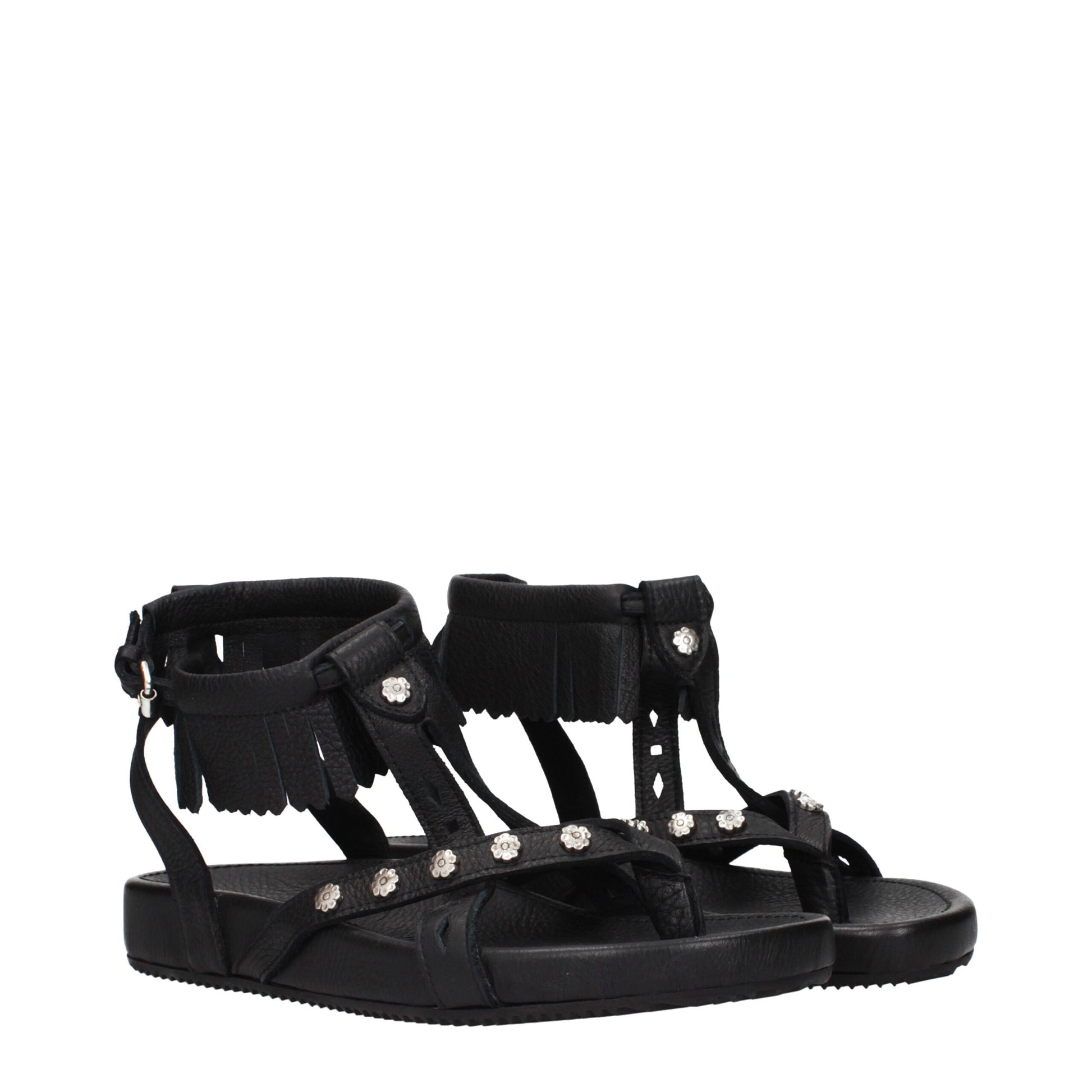 Black Leather Flat Sandals