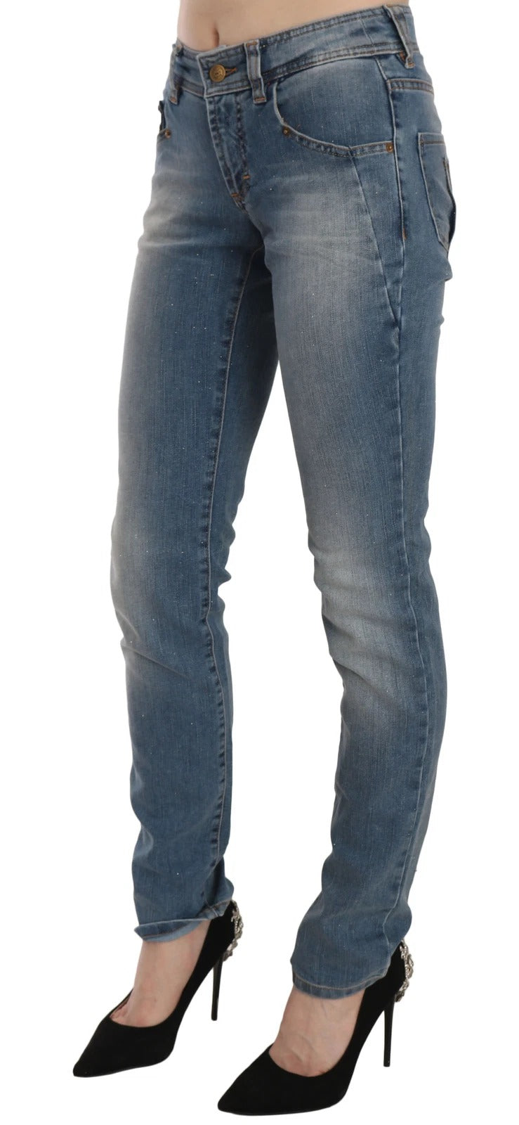 Blue Washed Mid Waist Skinny Casual Denim Pants