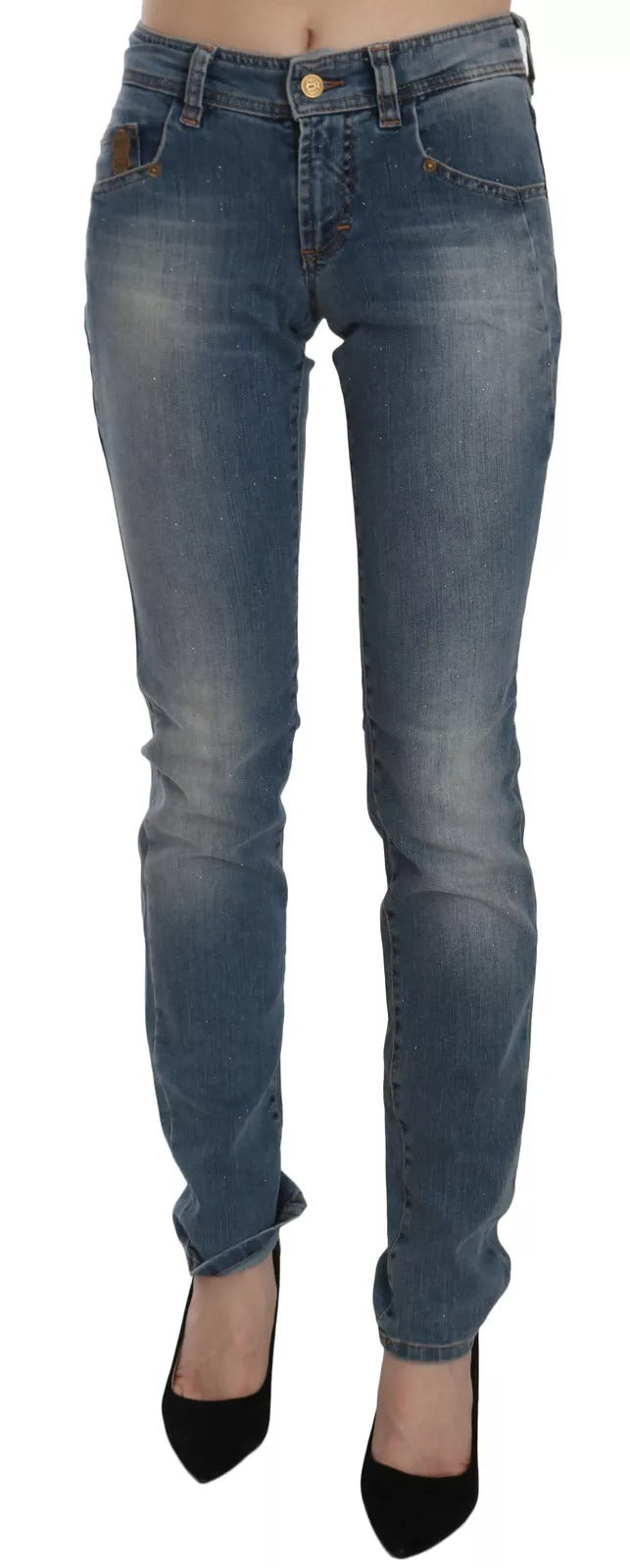 Blue Washed Mid Waist Skinny Casual Denim Pants
