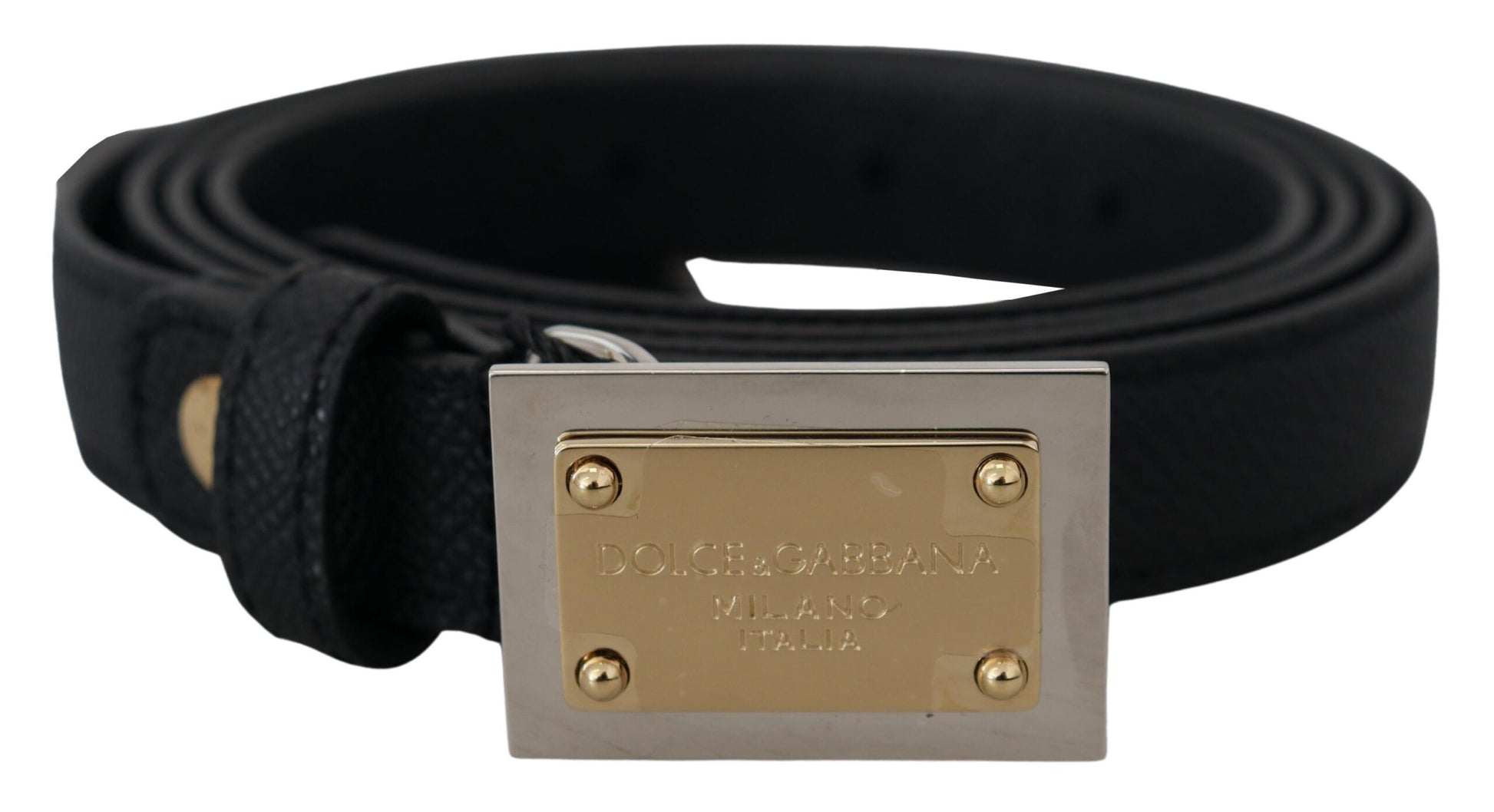 Black Leather Gold Logo Metal Buckle Belt