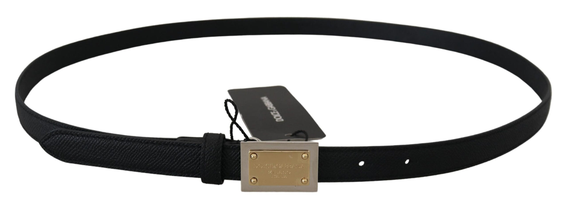 Black Leather Gold Logo Metal Buckle Belt