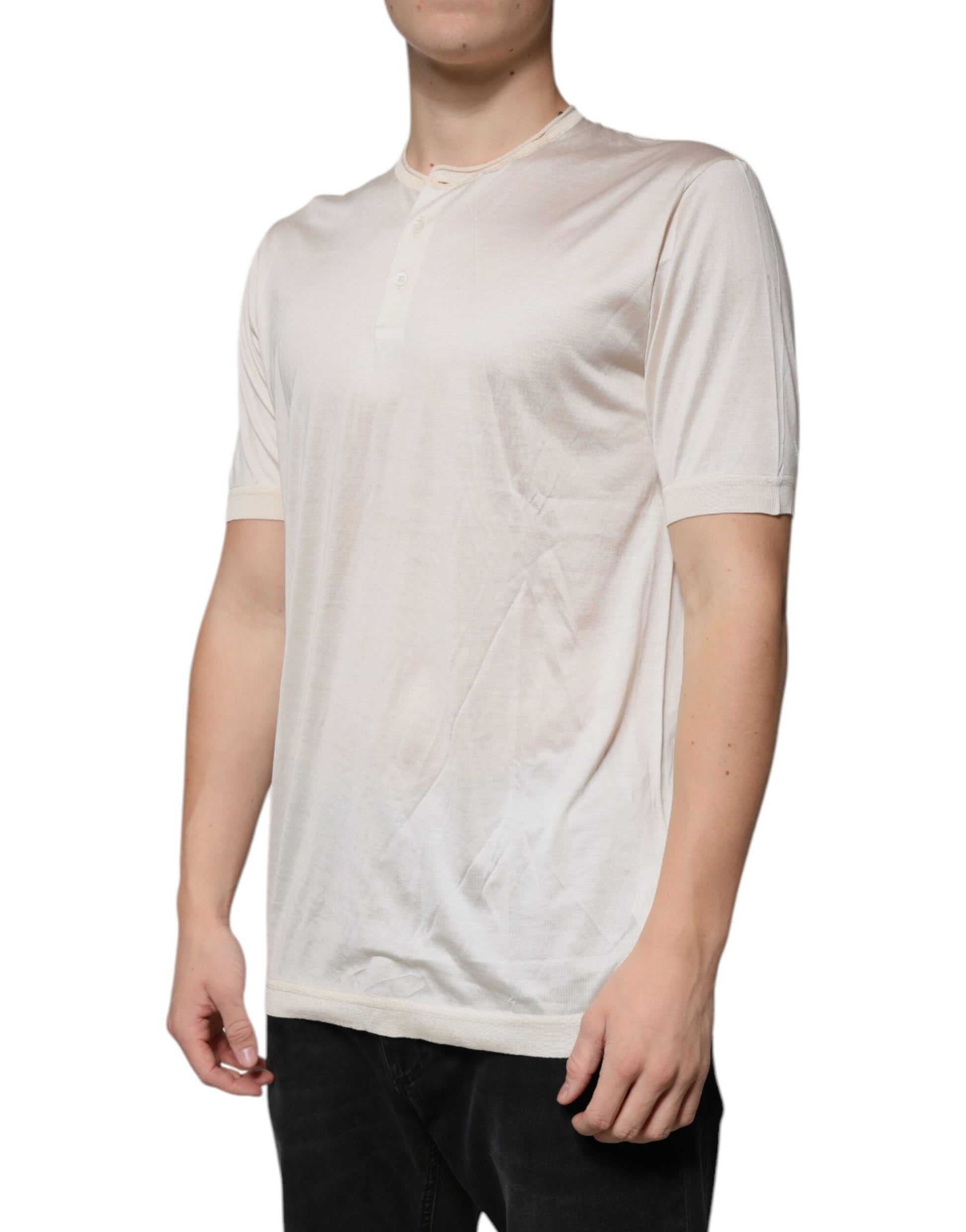 Off White Silk Henley Short Sleeves T-Shirt