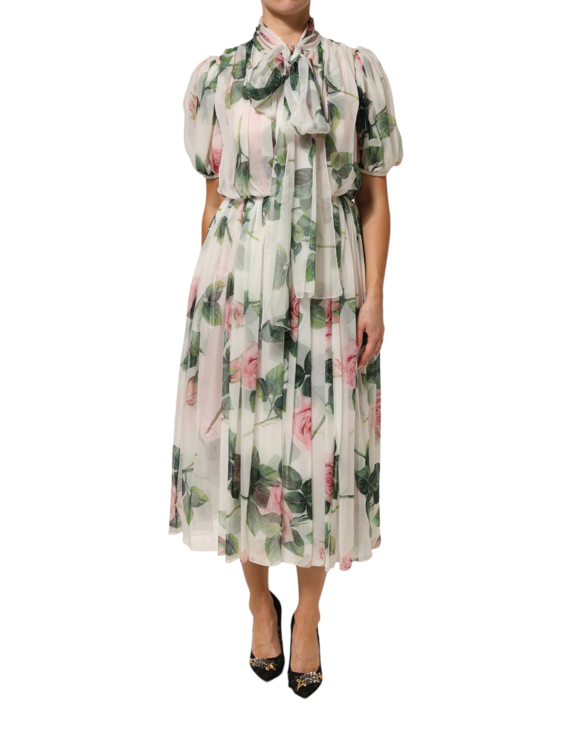 White Floral Print Silk Pleated Midi Dress