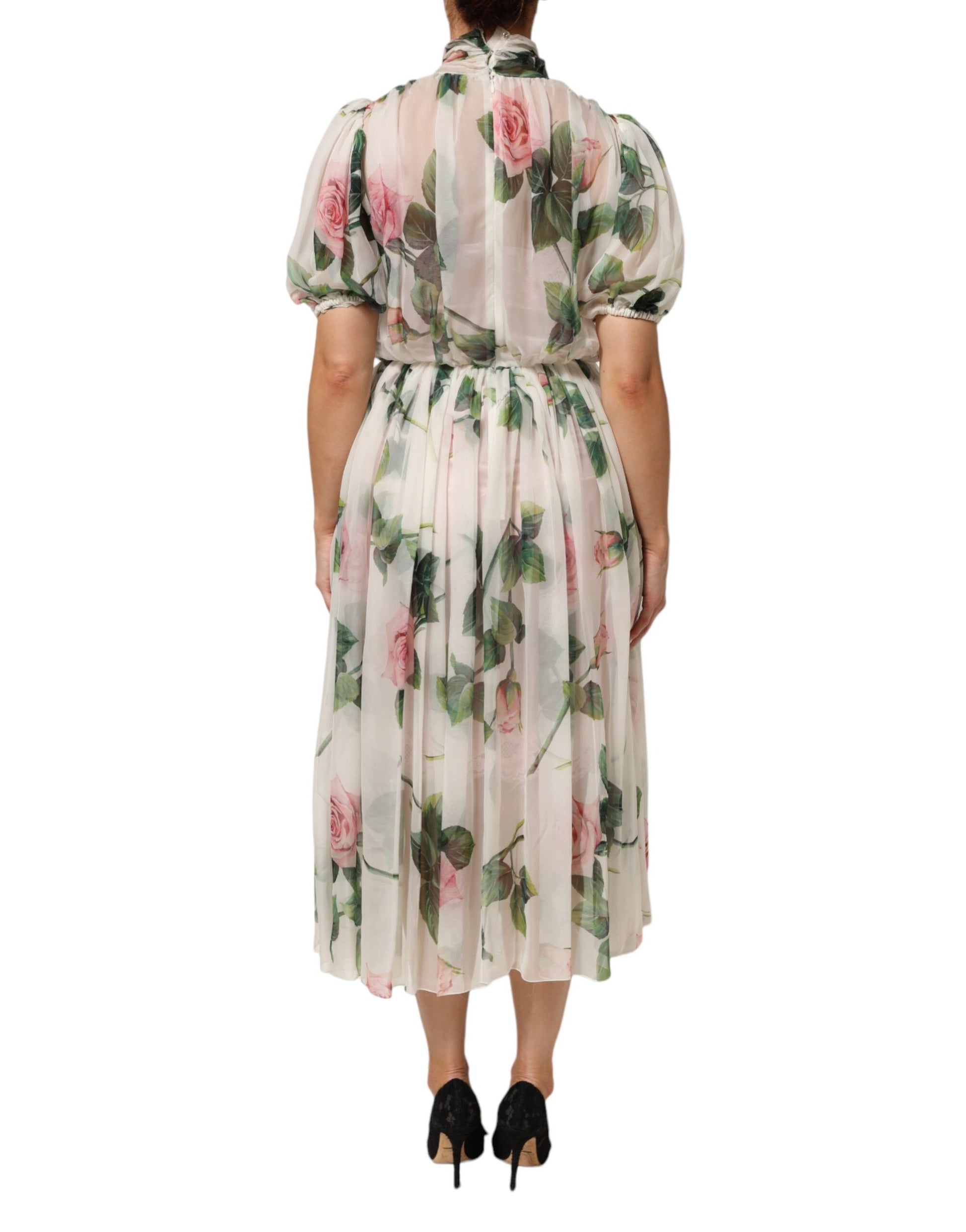 White Floral Print Silk Pleated Midi Dress