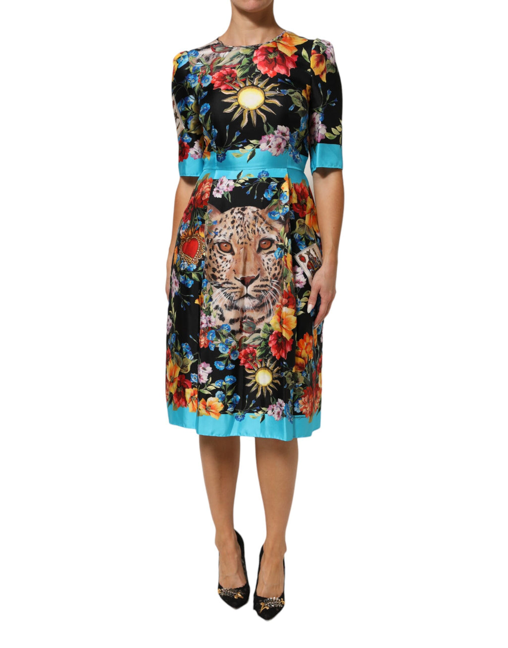 Black Leopard Floral Silk Sheath Midi Dress
