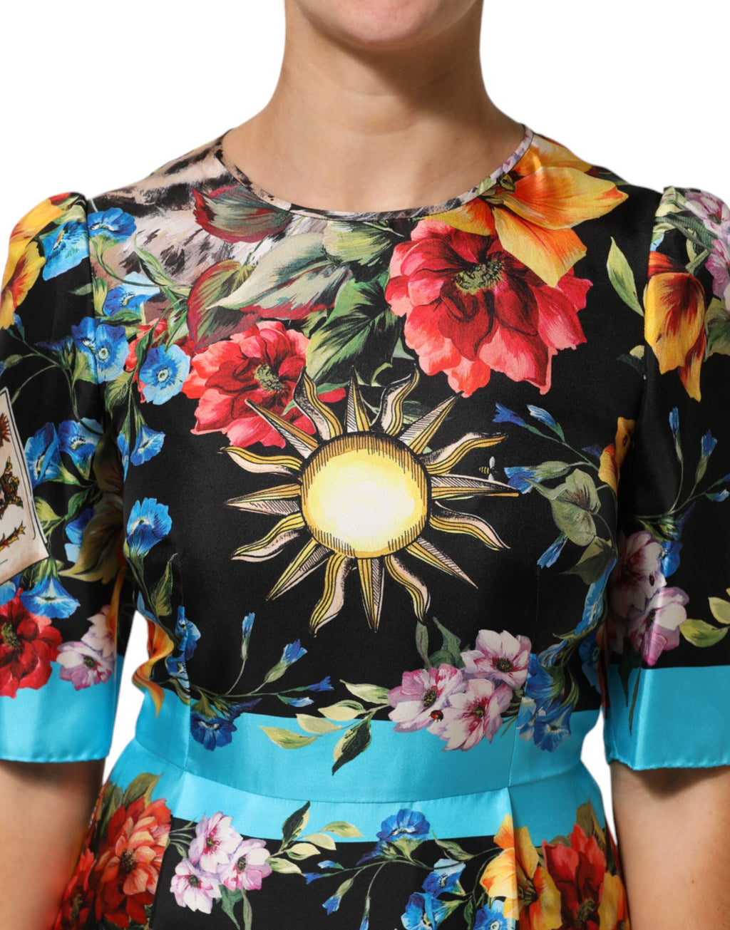 Black Leopard Floral Silk Sheath Midi Dress