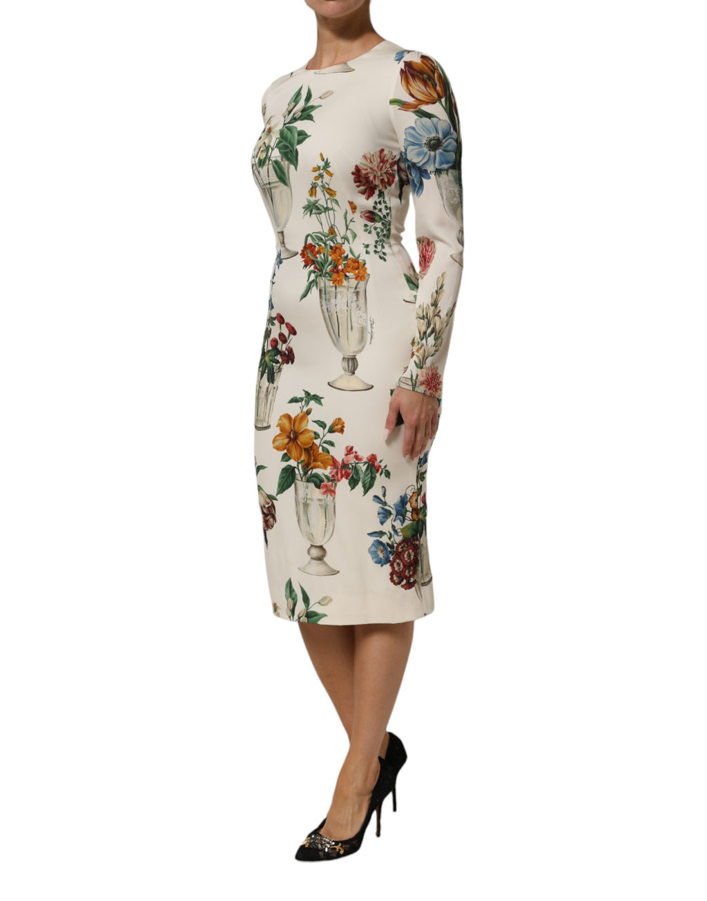 White Flower Vase Silk Sheath Midi Dress
