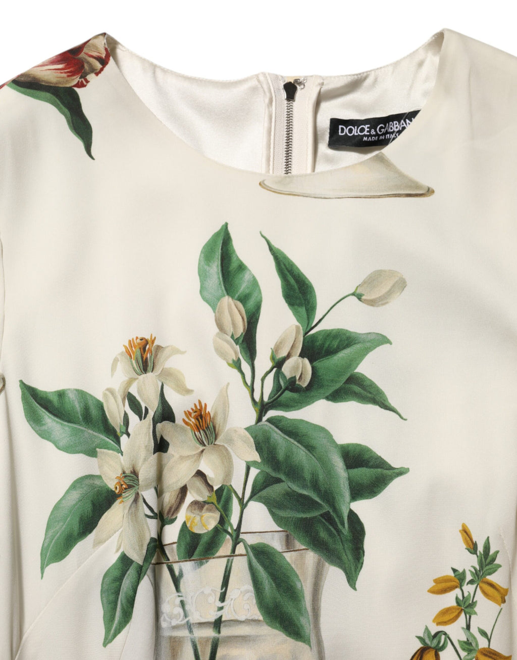 White Flower Vase Silk Sheath Midi Dress